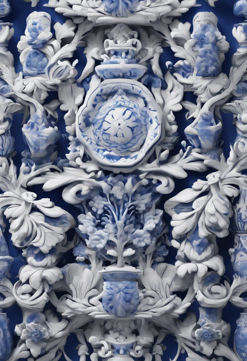Blue and white porcelain,ceramics,keyboards,artwork of a,Ornaments, high detail,3D, Chiaroscuro, Cinematic lighting, god light, Cinematic lighting, hyper HD, High details, Best quality, A high resolution, Textured skin