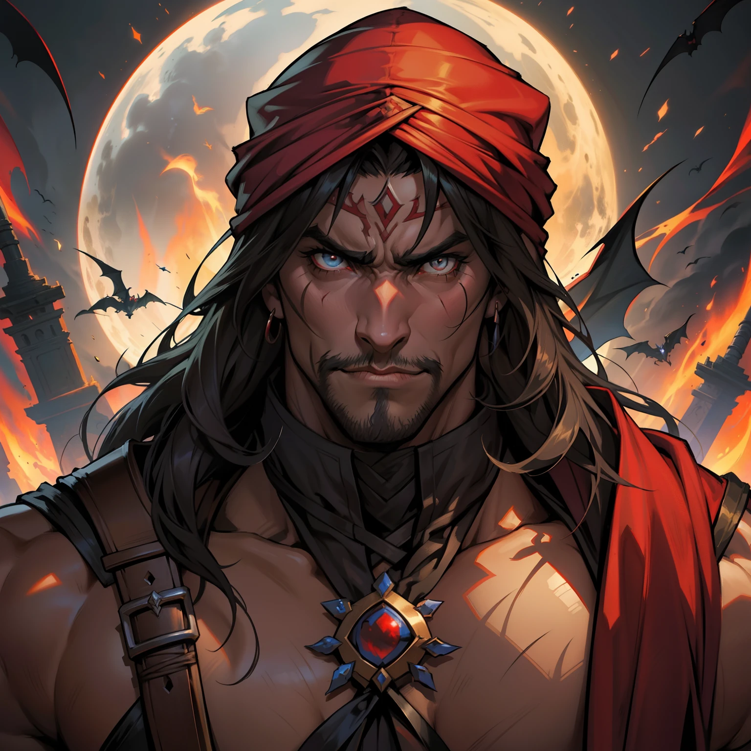 Castlevania Hyper Realistic Shadow Lord Super Detailed Dynamic Shooting Lord Dracula's Centerpiece Medieval Arab Warrior with Red Turban Scary Face Hokuto No Ken Structure Muscular Face Kenshiro Portrait Zoom Super Detailed Face