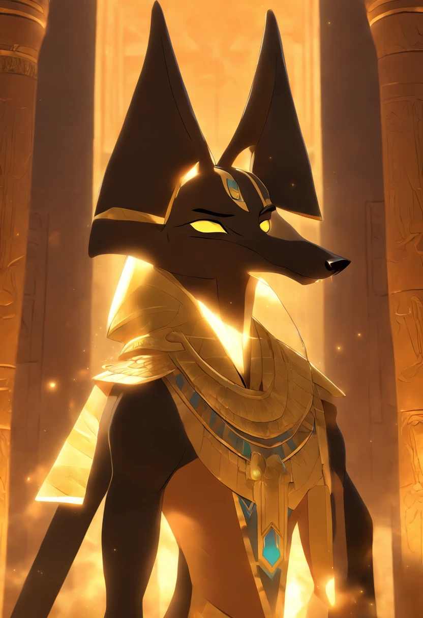 (((Anubis))) best quality, very high resolution, 4K detailed CG, masterpiece, Egyptian mythology, Anubis, sun in the background, Ancient Egypt, standing pose, dog head, white clothes, Egyptian clothes, temple Egyptian, desert, Ancient Egypt, ((dog's head, man's body)), Egyptian palace, aesthetics, beautiful image, centered on screen, standing pose