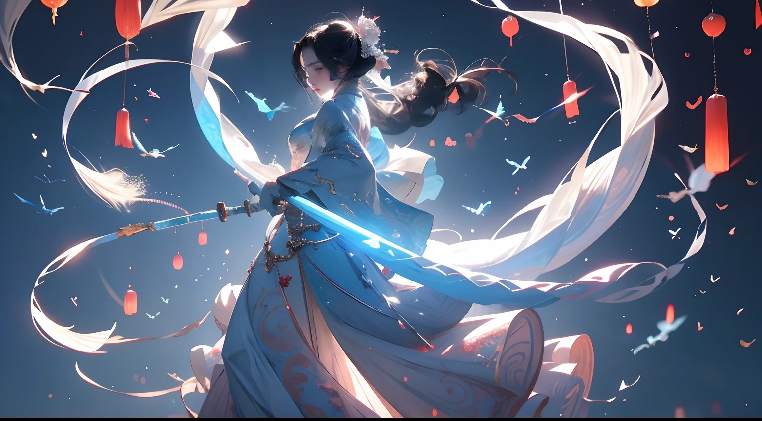A girl dressed in ancient Chinese clothing，White Hanfu，Standing and dancing（Showing snow-white slender legs），The surroundings are decorated with white lanterns， The background is the magnificent ancient city of Chinese style{There are brilliant lights of ten thousand homes），The body is surrounded by Chinese dragons（There are flames around the dragon），Stepping on the ground produces anger，Slender and slender fingers，The face is delicate