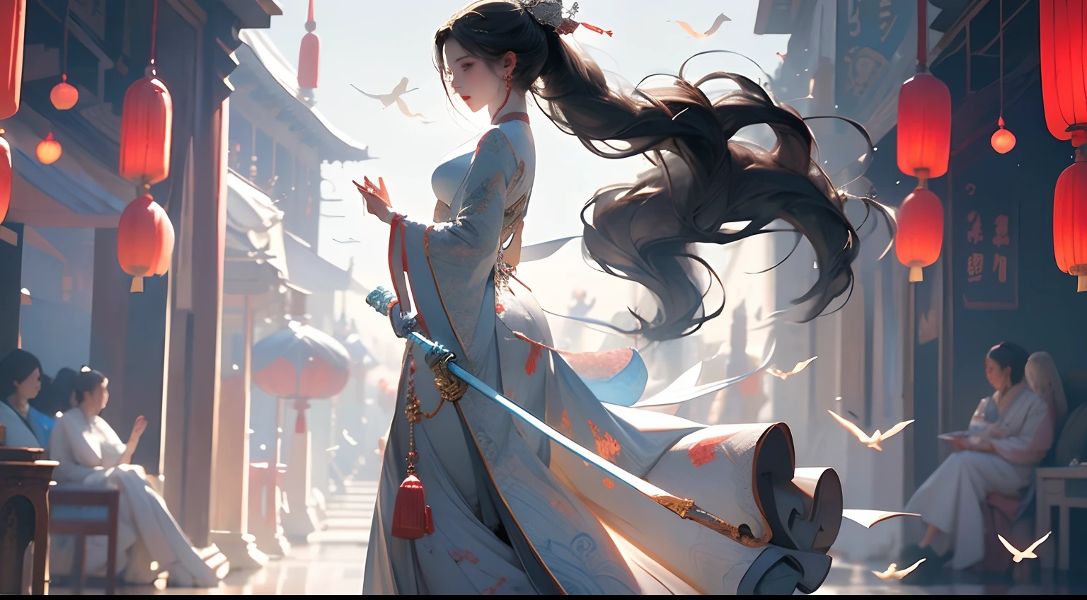 A girl dressed in ancient Chinese clothing，White Hanfu，Standing and dancing（Showing snow-white slender legs），The surroundings are decorated with white lanterns， The background is the magnificent ancient city of Chinese style{There are brilliant lights of ten thousand homes），The body is surrounded by Chinese dragons（There are flames around the dragon），Stepping on the ground produces anger，Slender and slender fingers，The face is delicate