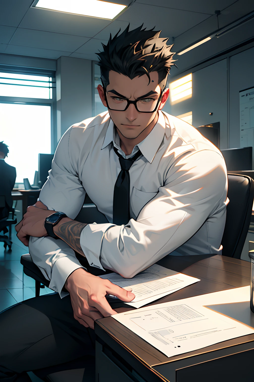 30 years old men, Very short spiked hair, A dark-haired, japanes，Black Frame Glasses，The forehead is out，Single eyelid, Stern look at work，Green suit with white shirt and tie，trained slender and tall body，Cross your legs and look at the computer at the office desk，Mug on desk，razor-sharp jawline, sharp gaze, Cold and mysterious character, Very handsome in 8K，Contre-Jour，Sunlight coming in through the window