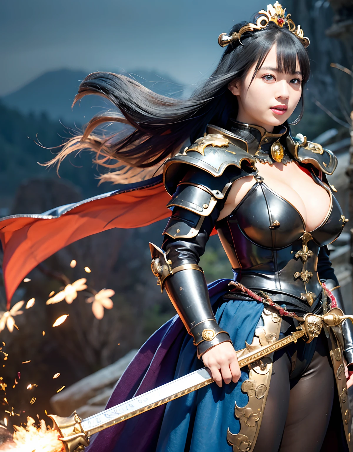 Professional , masterpiece、top-quality、photos realistic , 、top-quality、超A high resolution、(Photorealsitic:1.4)、Raw photo、depth of fields (Gemstone Gold Metal Body:1.9),(Matte White、Toostock、cleavage of the breast、(cleavage of the breast)、(Detailed Dragon Armor)、(Have the strongest weapon)、((Random Hairstyles 1.6),Dark Fantasy,)explosions、intense fighting、(Precipitous cliffs),Dragon Gold Weapon,Mystical expression、Particles of light、Fight dragons、(Detailed Dragon Helmet),Gorgeous Silver Weapons ,(( Dragon's dense and gorgeous sword)) , Beautiful knife ,warhammer 40k ,Detail and gorgeous crown、((Blue hair))、(Castle background)、、((Gangle's forest background))、Beautiful Caucasian beauty、1a person、dynamic ungle,((()))、Smaller head、A smile、Castle background、Thin and beautiful female hands、cleavage of the breast、Soldier in iron armor on background、Mystical expression、Light Effects、intense fighting、Wind-effect、magic circles、With the legendary magic wand、(demonic wings)、Toostock、