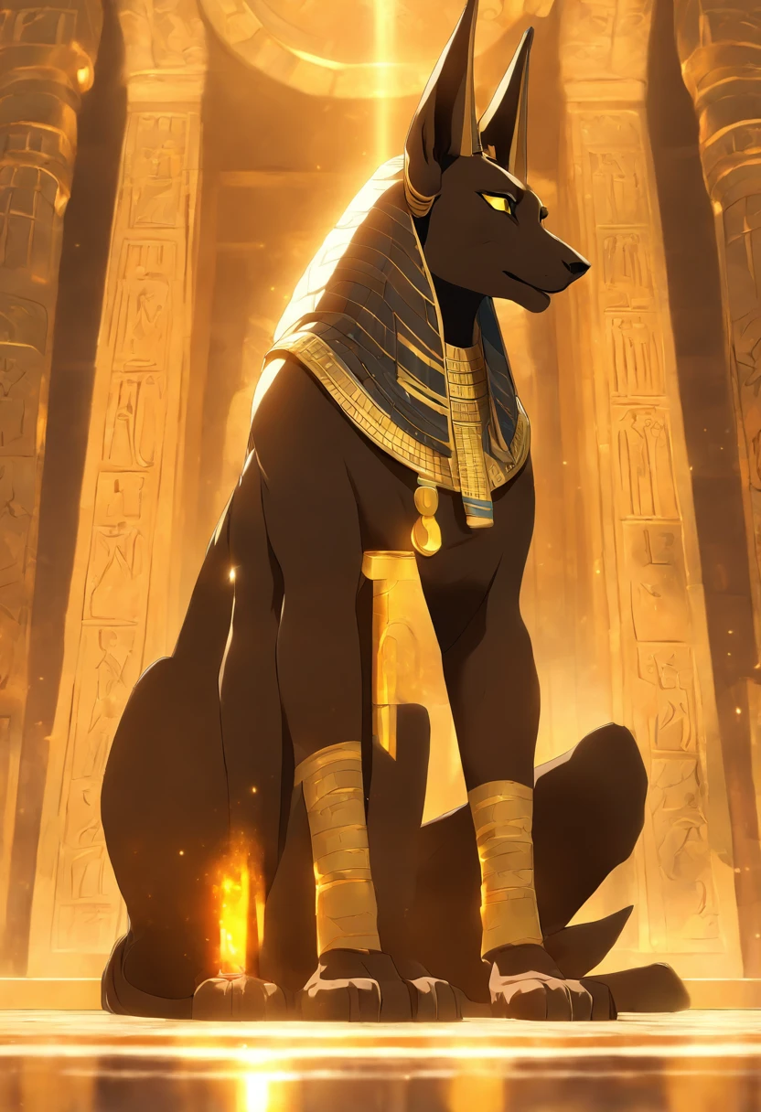 (((Anubis on the throne))) best quality, very high resolution, 4K detailed CG, masterpiece, Egyptian mythology, Anubis, sun in the background, Ancient Egypt, sitting pose, dog head, white clothes, Egyptian clothes, egyptian temple, desert, ancient egypt, ((dog's head, man's body)), egyptian palace, aesthetics, beautiful image, centered on screen, standing pose