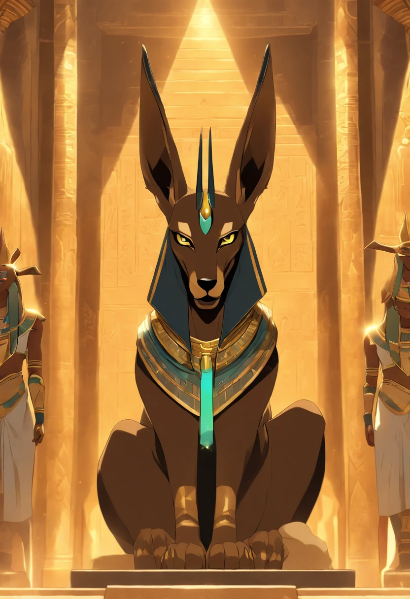 (((Anubis on the throne))) best quality, very high resolution, 4K detailed CG, masterpiece, Egyptian mythology, Anubis, sun in the background, Ancient Egypt, sitting pose, dog head, white clothes, Egyptian clothes, egyptian temple, desert, ancient egypt, ((dog's head, man's body)), egyptian palace, aesthetics, beautiful image, centered on screen, standing pose