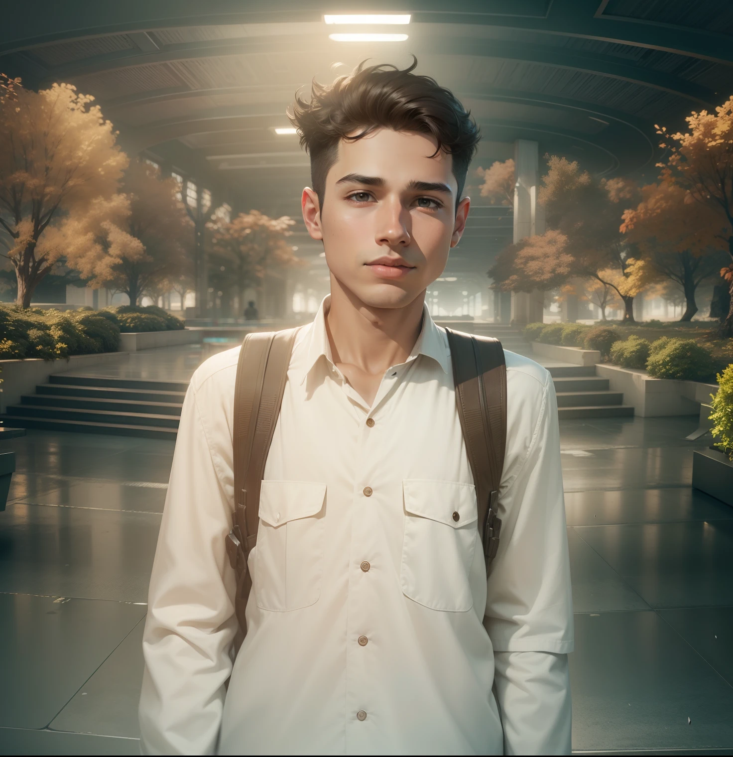 Boy in library futuristic background realistic face 8k ultra high quality
