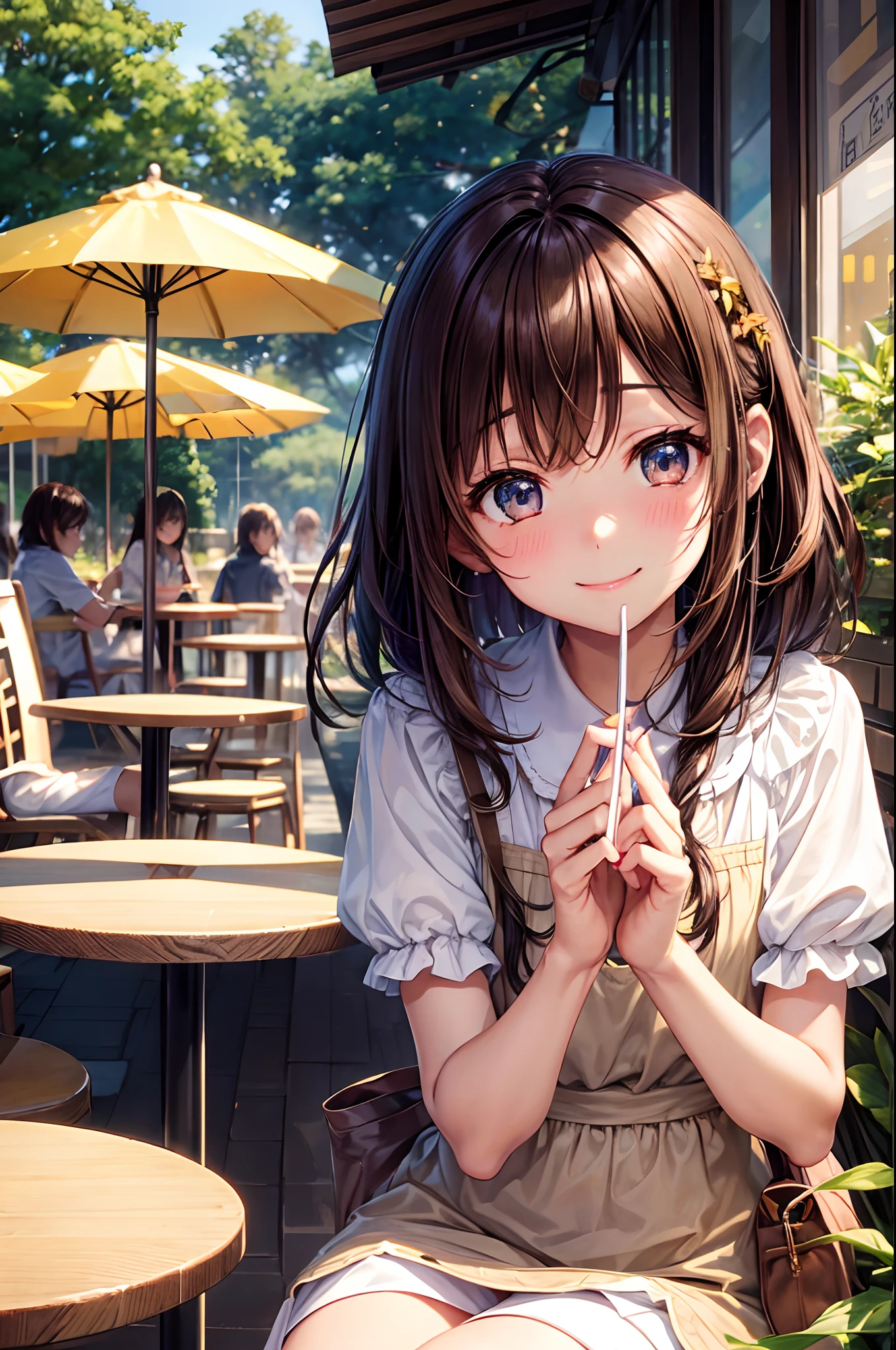 Best Quality、Shining crystal clear eyes、Light brown skin、Shortcake at Cafe Terrace、Autumn clothes、Drawn up to the knee、、Bob Hair、age woman、Very cute、Close your eyes and smile、A smile、Brown hair、Schools、I want to blush、Peek、Colored leaves、Wink、twinkling、Kamimei、