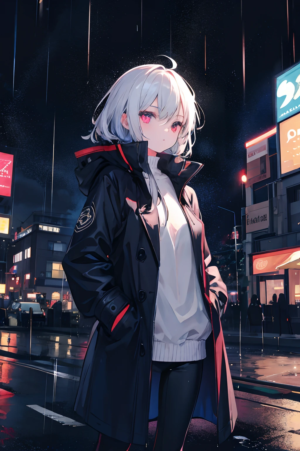 1girl, Night City, rain, coat, hands in pockets