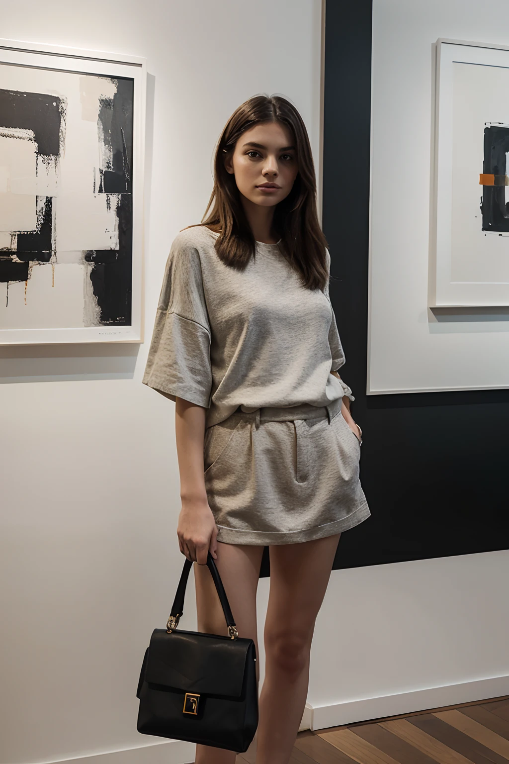 a woman, dressed in chic casual outfit with handbag, stands in front of a contemporary abstract painting, detail drawings, prints and etchings, a beautiful woman, deep shadows, taken with highest-quality Leica SL2 mirrorless camera, 70mm lens, every detail captured