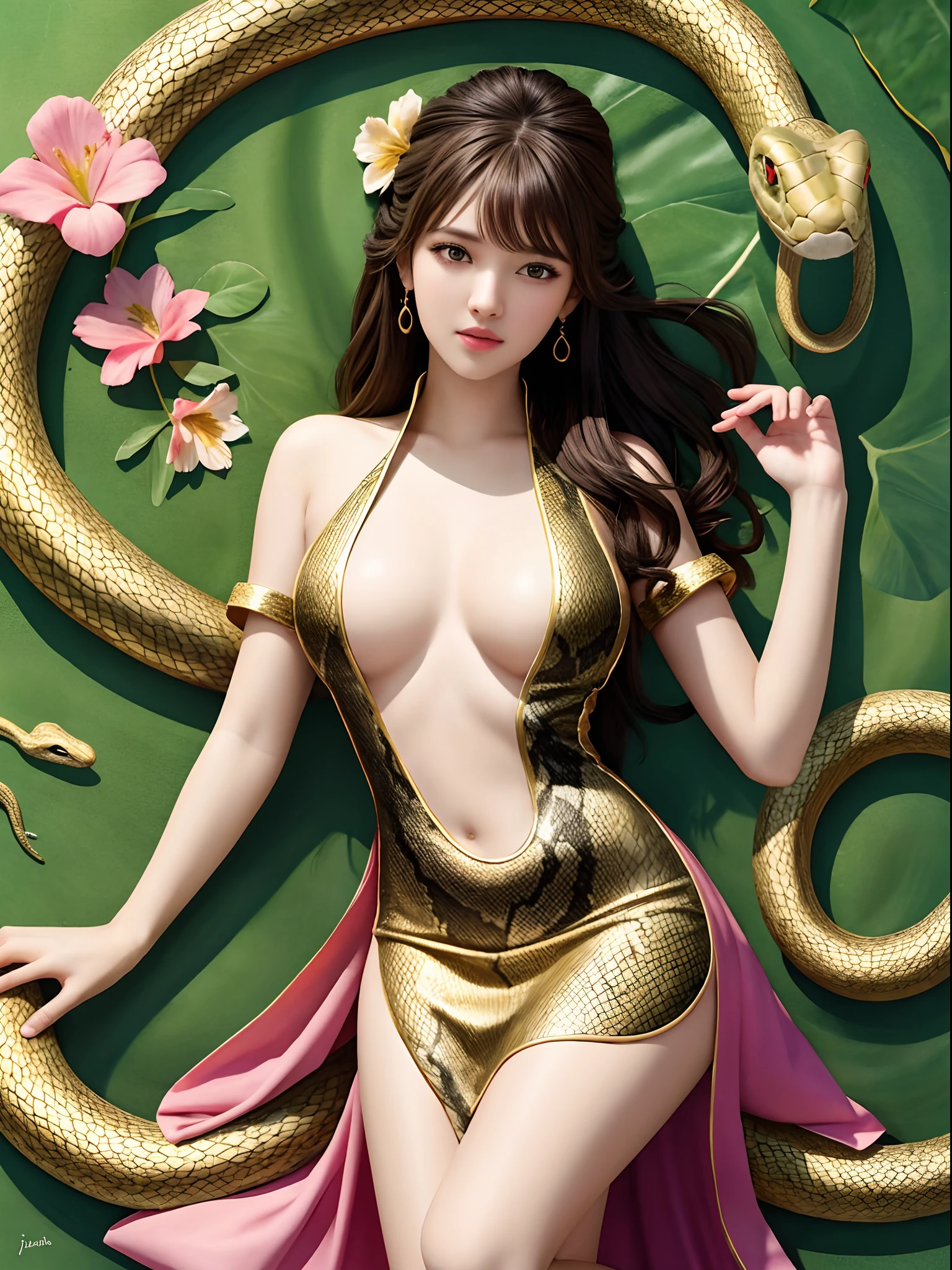 half the girl's body from head to navel and half the snake's body from the hips down, girl's eyes, girl's nose, girl's lips, snake's body, garden background, realistic style, vibrant colors, soft lighting, high resolution, detailed textures, girl's long hair, snake's scales, girl's dress, beautiful flowers, serene atmosphere, girl's delicate features, realistic big breasts