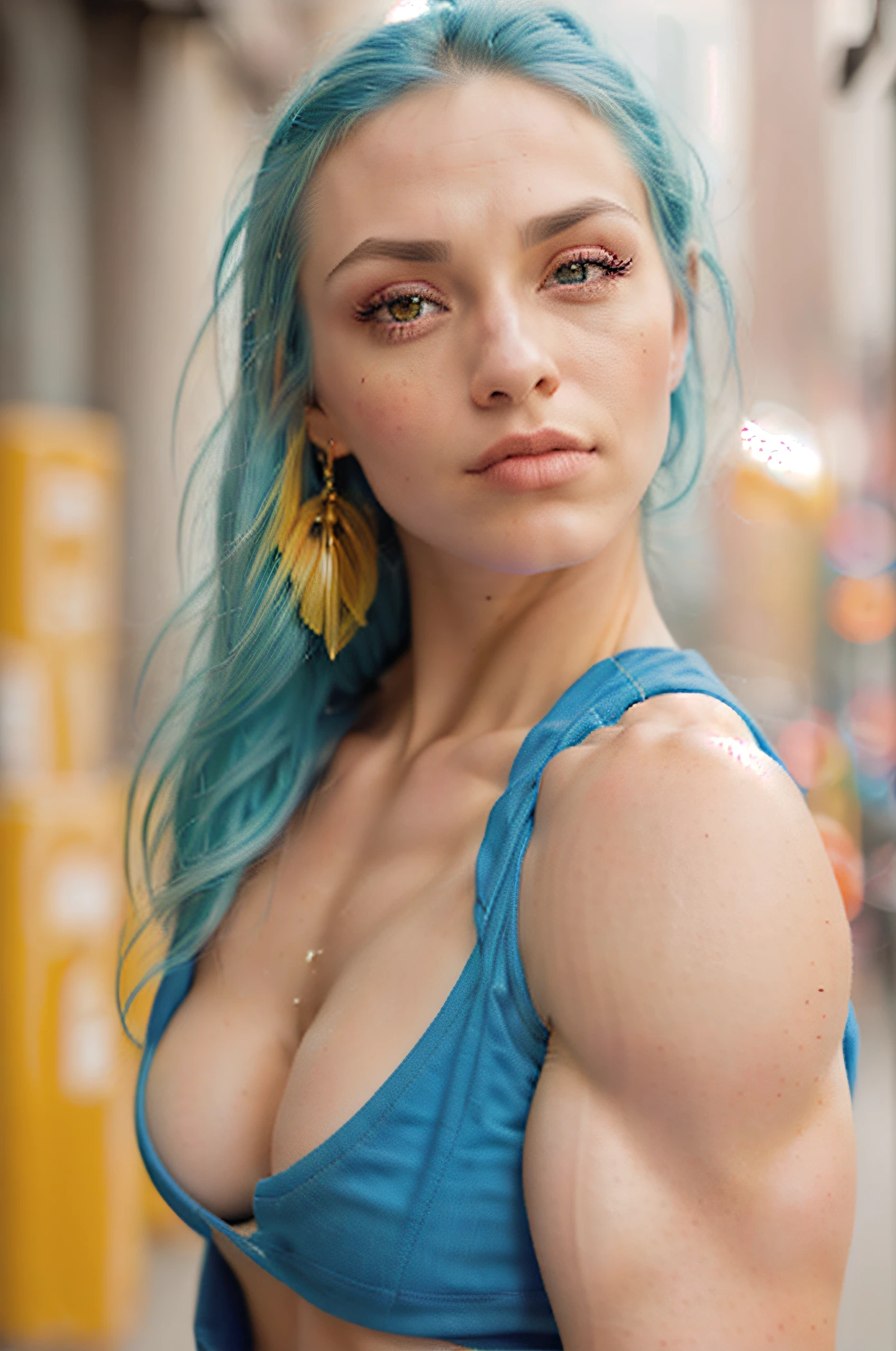 beautiful college student, wearing sweatshirt, looking at viewer, blue hair, solo, tattoo on face, upper body, beautiful and perfect quality lips, (huge muscular shoulders:1.5), ((perfect athletic anatomy)), detailed background NYC, city, alley, hyper detailed, detailed face, sincere POV photo, by lee jeffries, nikon d850, film stock photography,4 kodak portra 400, camera lens f1.6, rich colors, hyper realistic, realistic texture, dramatic lighting, cinestill 800,