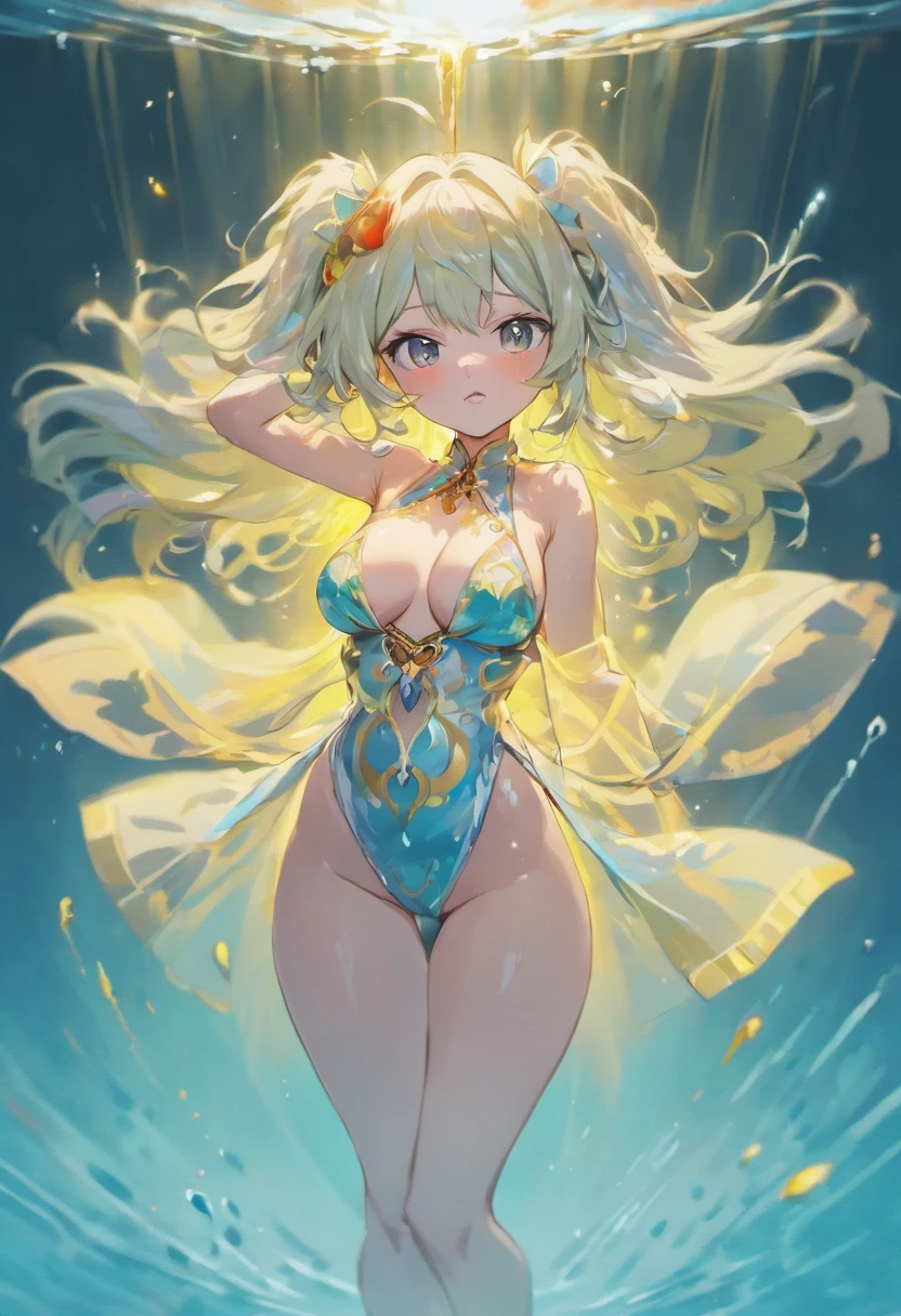 (((masterpiece))), (((best quality))), (((ultra detailed))), (photo realistic), perfect proportion, an extremely delicate and beautiful, detailed face, detailed eyes, detailed skin, detailed body, solo anime girl, (busty), (gigantic breasts:1.3), huge breasts, bouncing breasts, cleavage, curvy, navel, wide hips, ((gleaming skin, oil skin, wet skin:1.3)), shiny skin, shiny body, fox ear, fox tail, (very long hair), disheveled hair, white hair, yellow eye, pale pink nipple, fair skin, wet see-through kimono, front view, dynamic angle, (whole body posing:1.2), take a picture close up full body,floating in water, partially submerged, sunshine, summer, blue sky, silhouette, light particles,