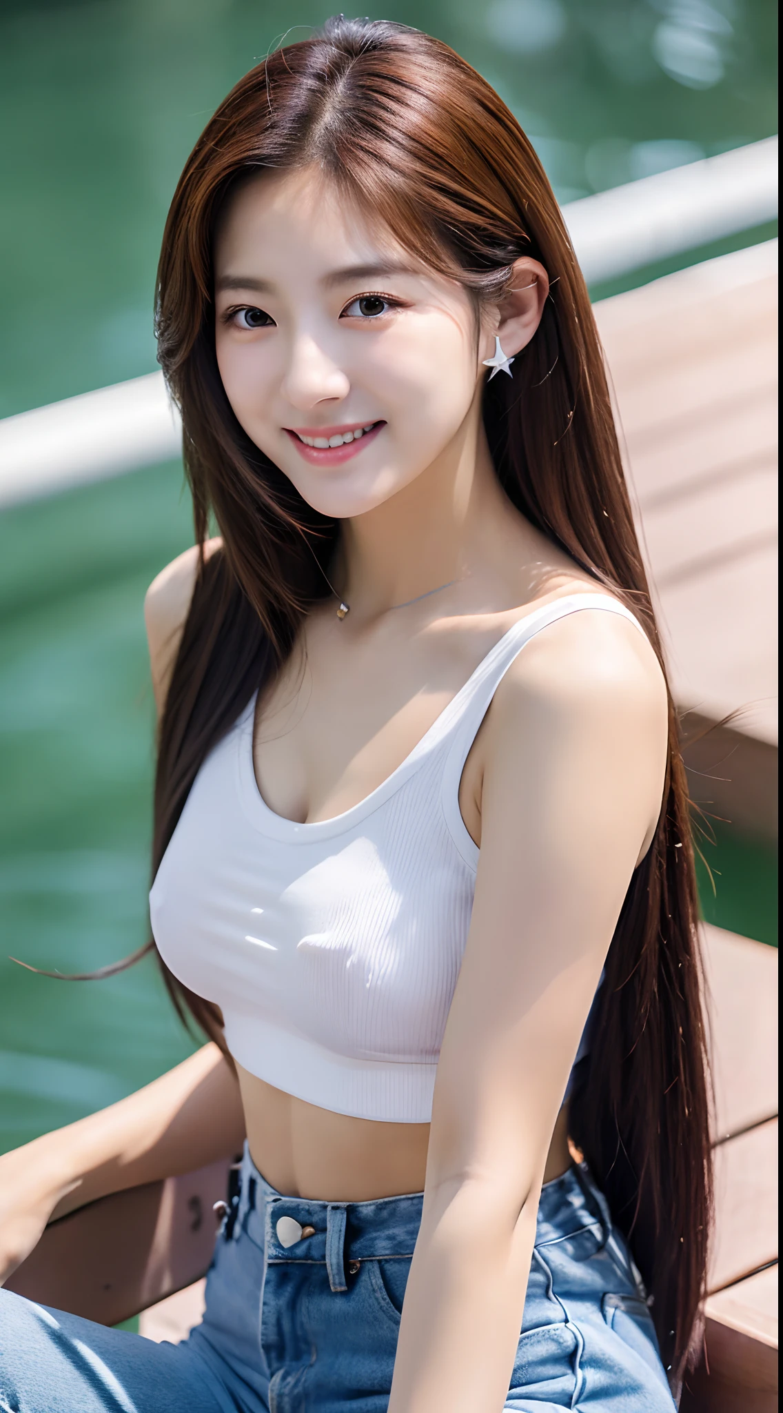 Realistic photos of (1 cute Korean star) hair behind ear, slightly smile, 32 inch breasts size,wearing  v-neck crop top, pants, sitting at the pier, close-up portrait, front view, UHD