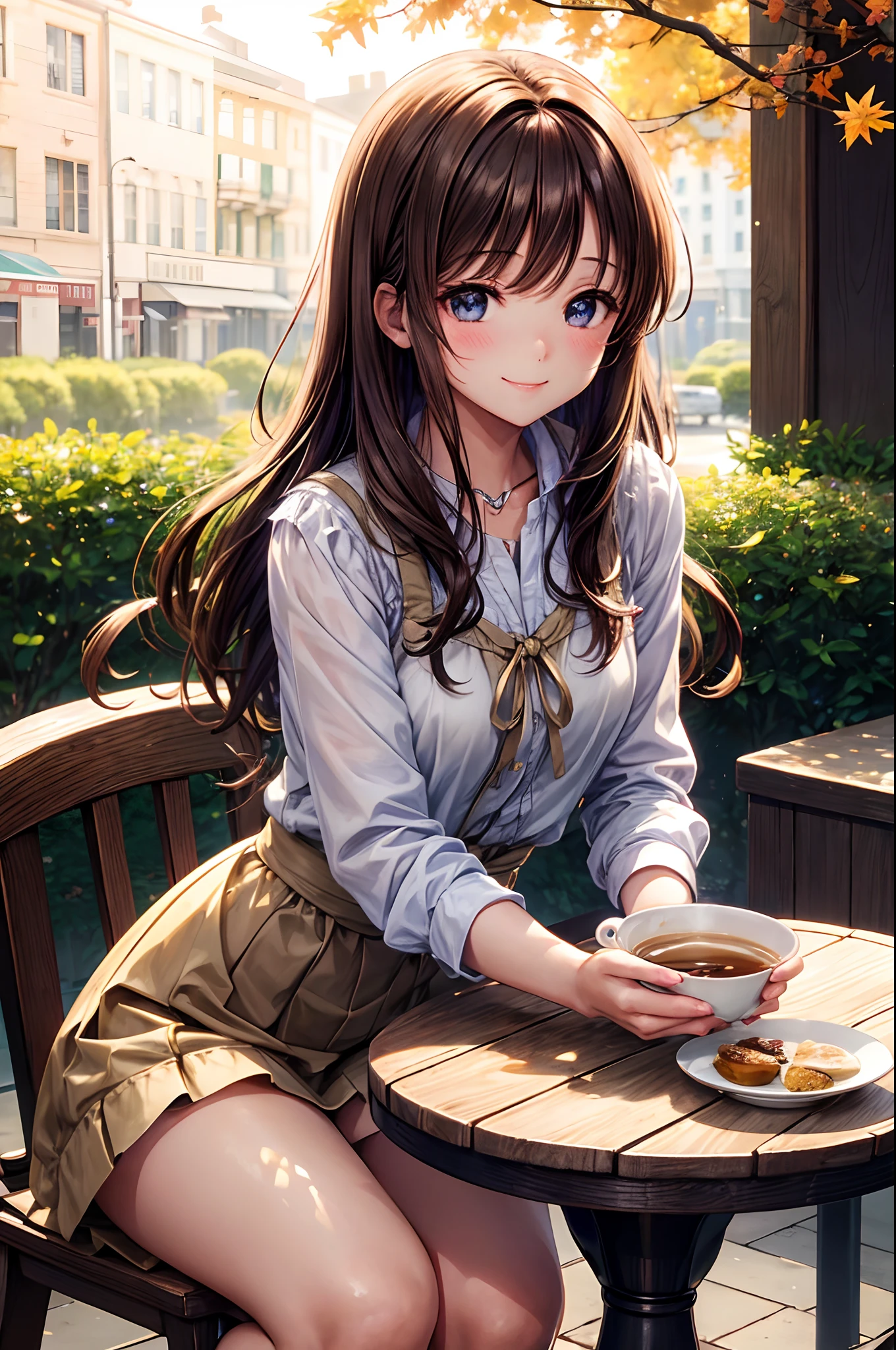 Best Quality、Shining crystal clear eyes、Light brown skin、Tea on the café terrace、Autumn clothes、Drawn up to the knee、、Bob Hair、Teenage woman、Very cute、Close your eyes and smile、A smile、Brown hair、Schools、I want to blush、Peek、Colored leaves、Wink、twinkling、Kamimei、