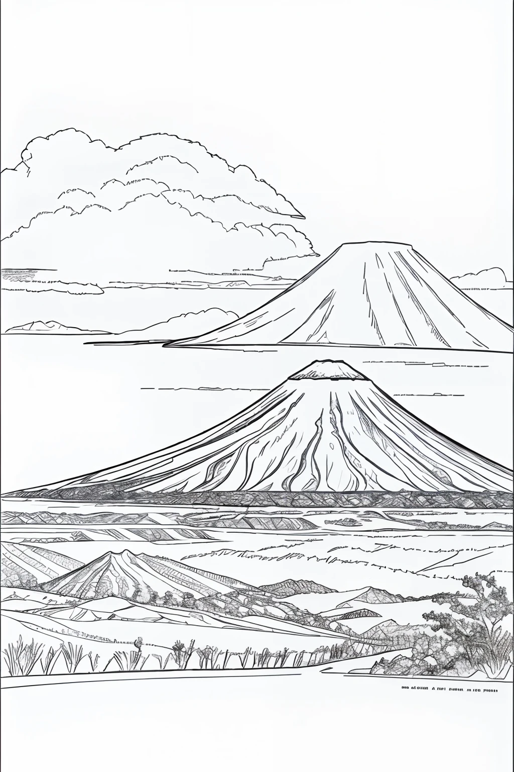 //
Coloring page for children, dinosaur next to a volcano, thin lines, no remainder