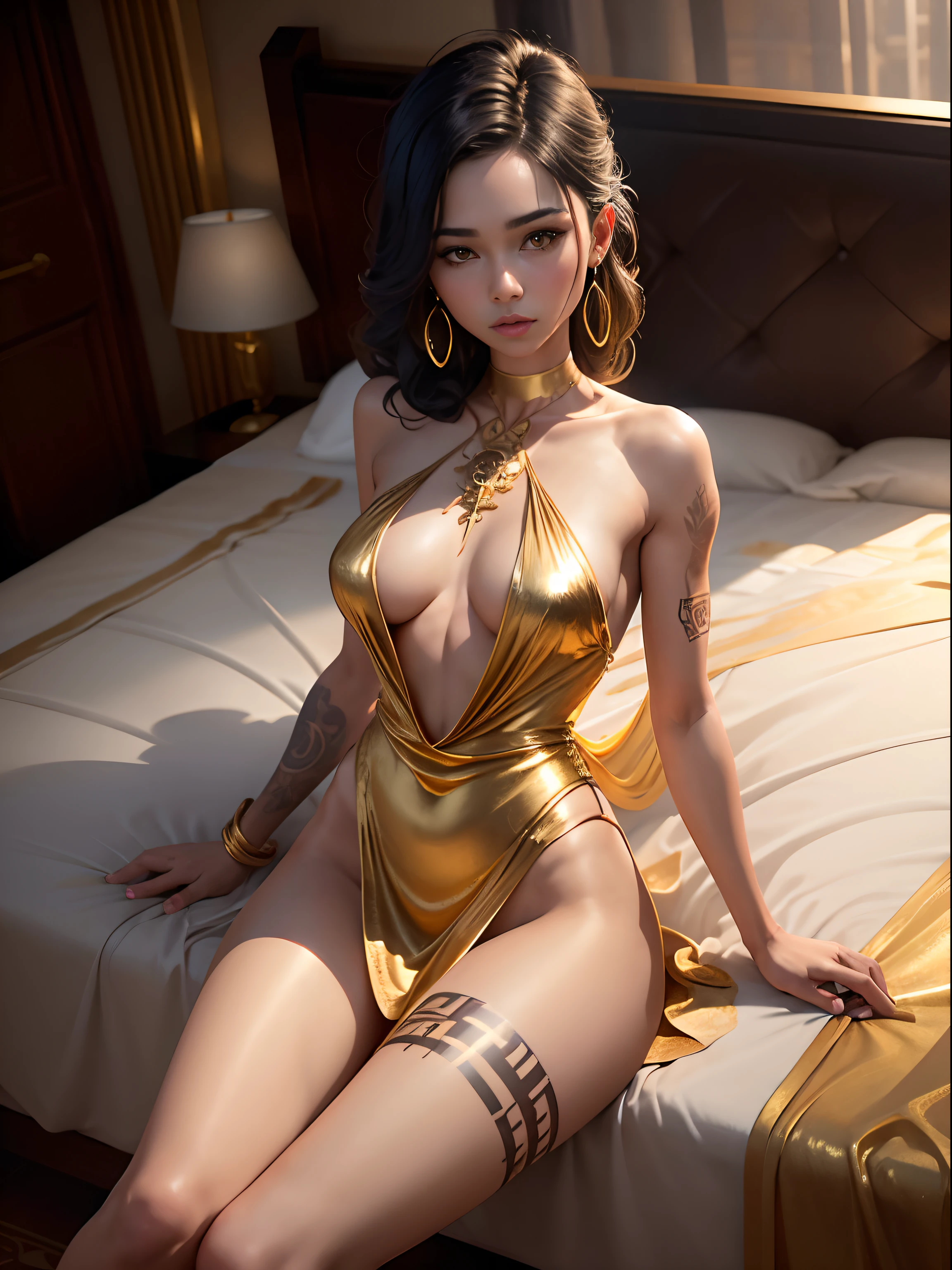 Gold tattoo with girl with golden earrings, In the style of vray tracing, Martin Ansin, yuumei, Poured, close up, Dark white and gold, speedpainting, masutepiece, Best Quality,Skinny Legs,Gold Dress,In the hotel bedroom,sleep,Happy,Chest exposed,Upper body naked,The bikini,opening legs,