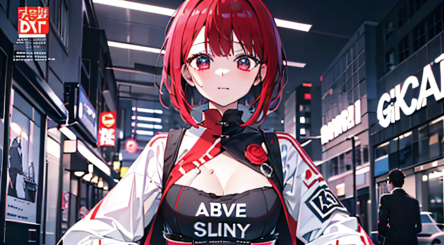 (tmasterpiece、top-quality、A high resolution)、 Kana Arima \(oshinoko\), Full of shyness、red hair、bob hair、A miniskirt、Cheeks of tight skirts、wavy mouth、(((Dramatic)))、(((grittiness)))、(((vehement))))The poster of the film appears as a central character。She is shy in the center of the poster、Wearing an idol costume、Has a determined look。The background is dark and rough、I feel like I'm drunk。Text is bold and eye-catching、Catchy slogans add to the overall drama and excitement。The color palette is dominated by dark colors.、Bright colors dotted、Make your poster dynamic and visually impactful、Tarch-Angstrom(Magazines:1.3)、(Cover-style:1.3)、Fashionab、with a vibrant、garments、lewd poses、frontage、extremely colorful、Dynamic、Background with、element、self-assured、Expressing the、ngel、statement、Attachment、A majestic、CW、enviroment、Touch、The scene、Texting、covers、boldface、grab attention、titles、Fashionab、font、Catchy、titles、Large、grab attention、moderno、 Trendy、concentrating、Stylish、1 girl in