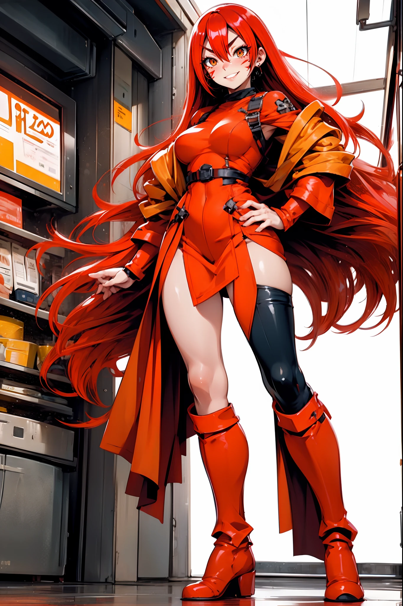 lava, red hair, orange eyes, prisoner cloths, medium breast, smile, facial mark, long hair, standing solo, full body, boots