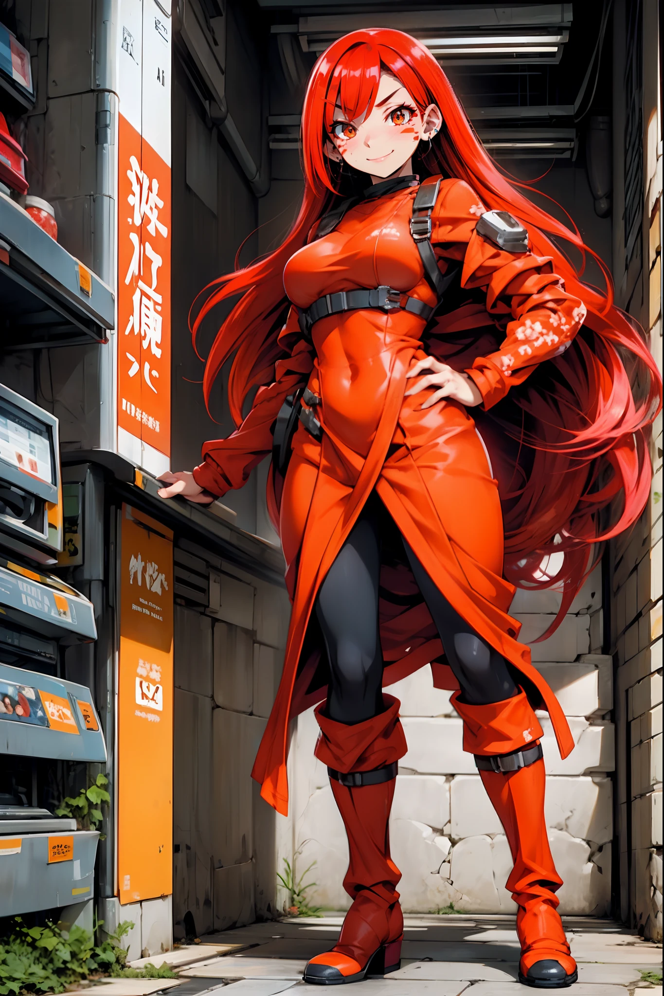 lava, red hair, orange eyes, prisoner cloths, medium breast, smile, facial mark, long hair, standing solo, full body, boots