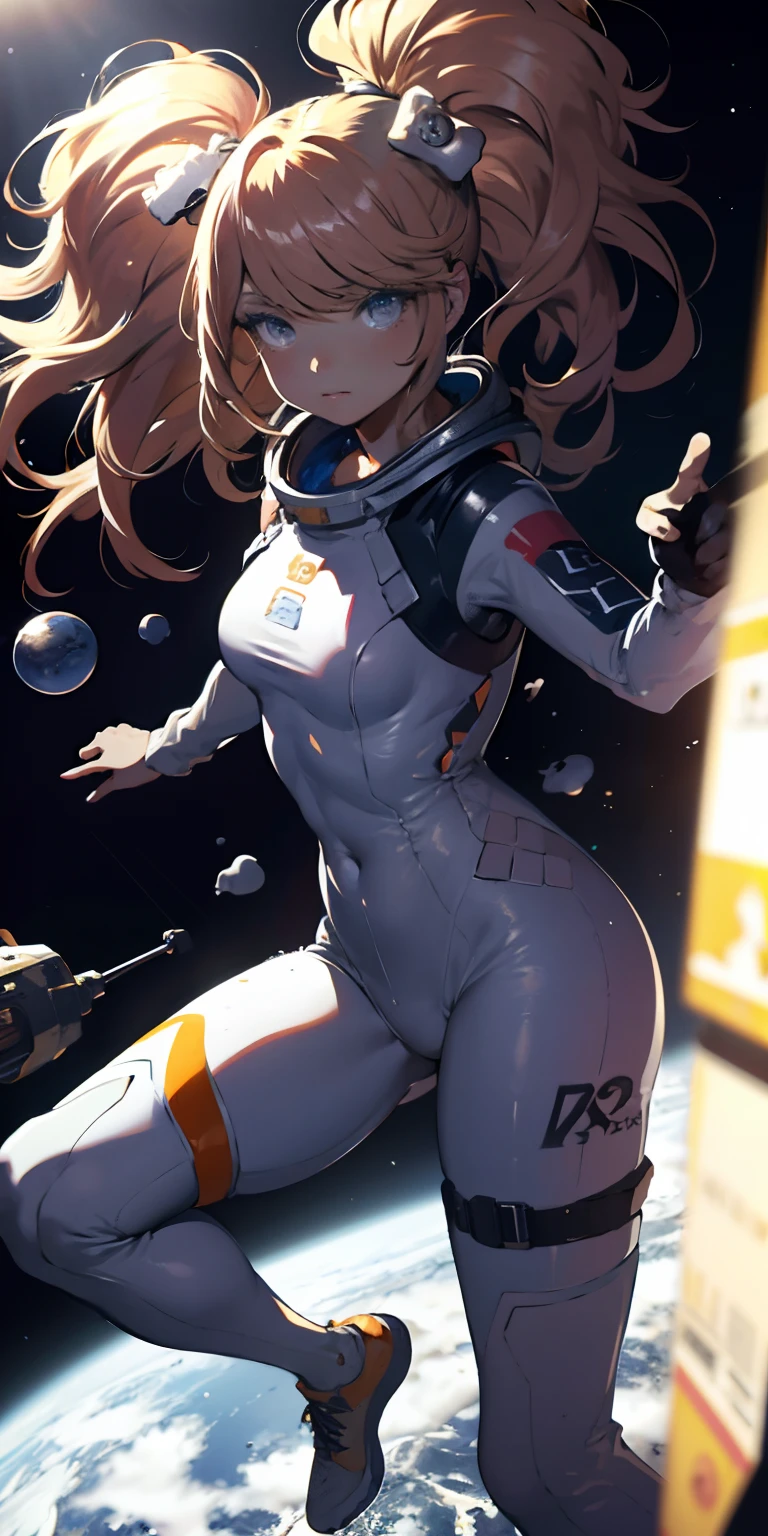 Absurd resolution, high resolution, (masterpiece:1.4), ultra-detailed, 1girl, in spacesuit, seen from above, space, floating, satellite, running pose, wide-angle lens distortion.
