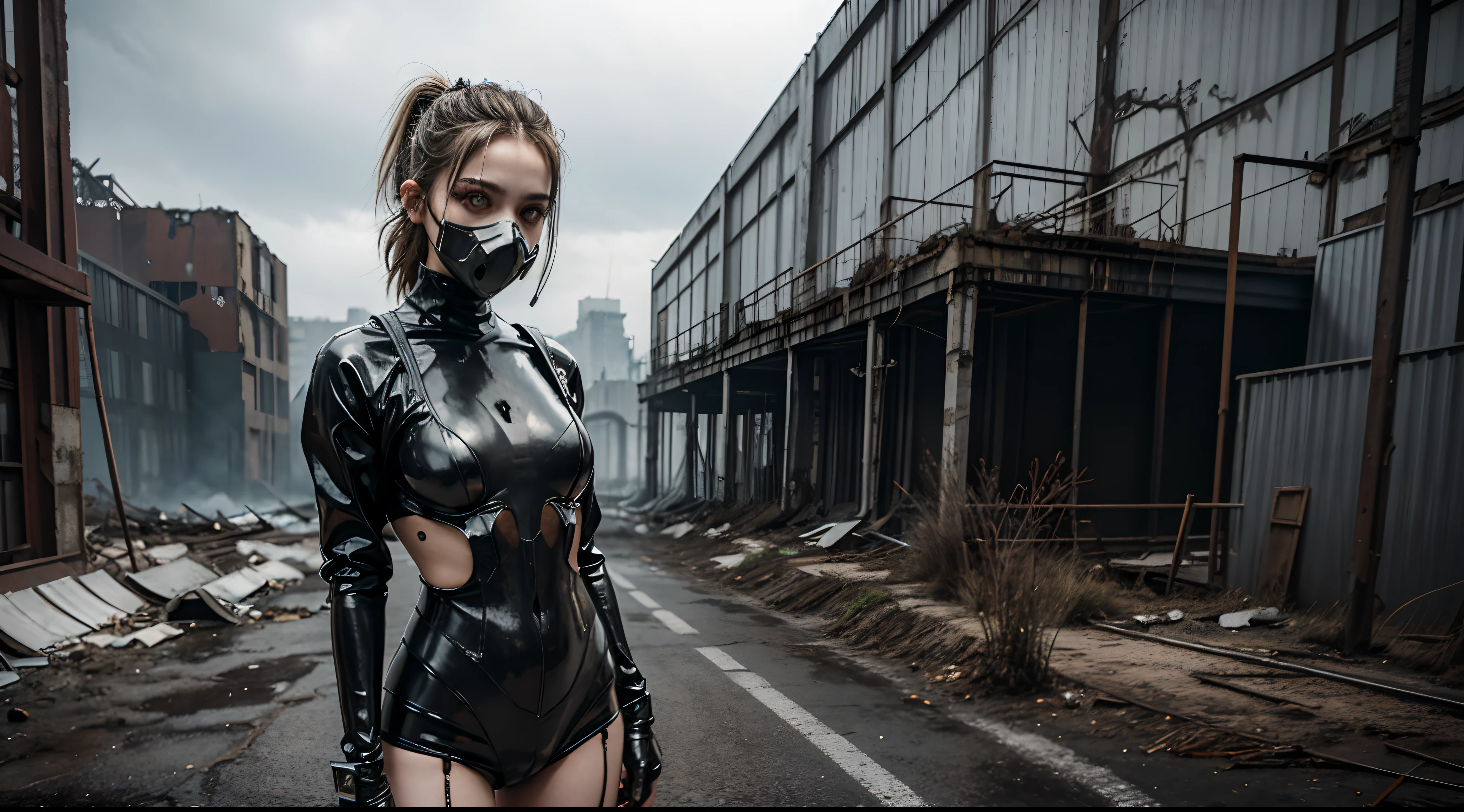 Upper body shot of a woman standing with an anti-gas mask dressed in latex in the inside of an abandoned factory, white eyes, dark techno aesthetic, industrial goth aesthetic, intern of an abandoned factory in the background, ultra detailed, photorealistic, masterpiece.
