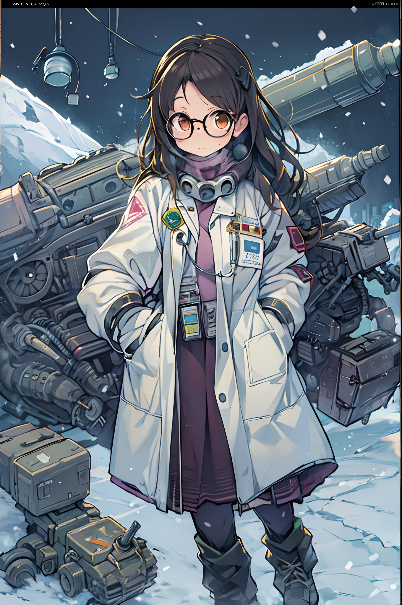 Science fiction,a science fiction film,cannons,Long-range missiles,Based on the Film Foundation ,Woman,,28 years old,Zito-order,Brown eyes,Long hairstyle,Unkempt hair、White-gray on black hair,Scientist uniform,White researcher coat,Open Meadow,Rebel,Chaotic,A futuristic world,Socialist world,Snow,lab room、stoop、big round glasses、with hands in pockets