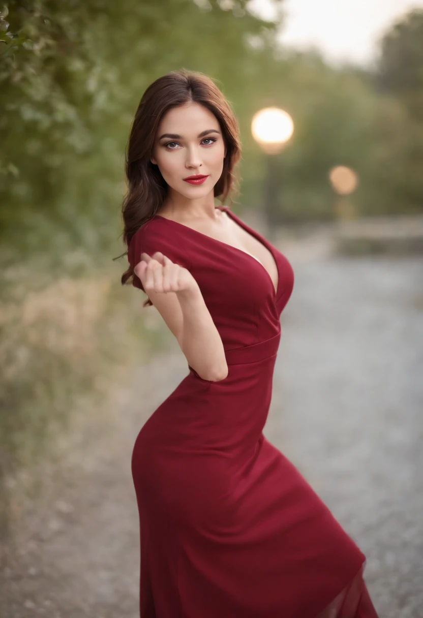 (best quality,4k,8k,highres,masterpiece:1.2),ultra-detailed,(realistic,photorealistic,photo-realistic:1.37),portrait,photography,studio lighting,vivid colors,bokeh,dark red,bodycon,ruched,high-low skirt,formal,knee length,dress,double v neck,full body shot

Explanation:
In this prompt, I want to generate a high-quality photograph of a woman wearing a dark red bodycon dress. The dress is knee-length and has a high-low skirt design. The dress has a double v-neck design, highlighting the woman's neckline. The photograph is taken in a formal setting, with studio lighting to enhance the details. The colors in the photograph are vivid and vibrant, especially emphasizing the dark red color of the dress. The focus is on capturing the woman's full body in the frame, showcasing the dress and her figure. The style of the photograph is realistic and photorealistic, aiming to create a detailed and lifelike image. The background is intentionally blurred using bokeh, further highlighting the woman and the dress as the main subjects.