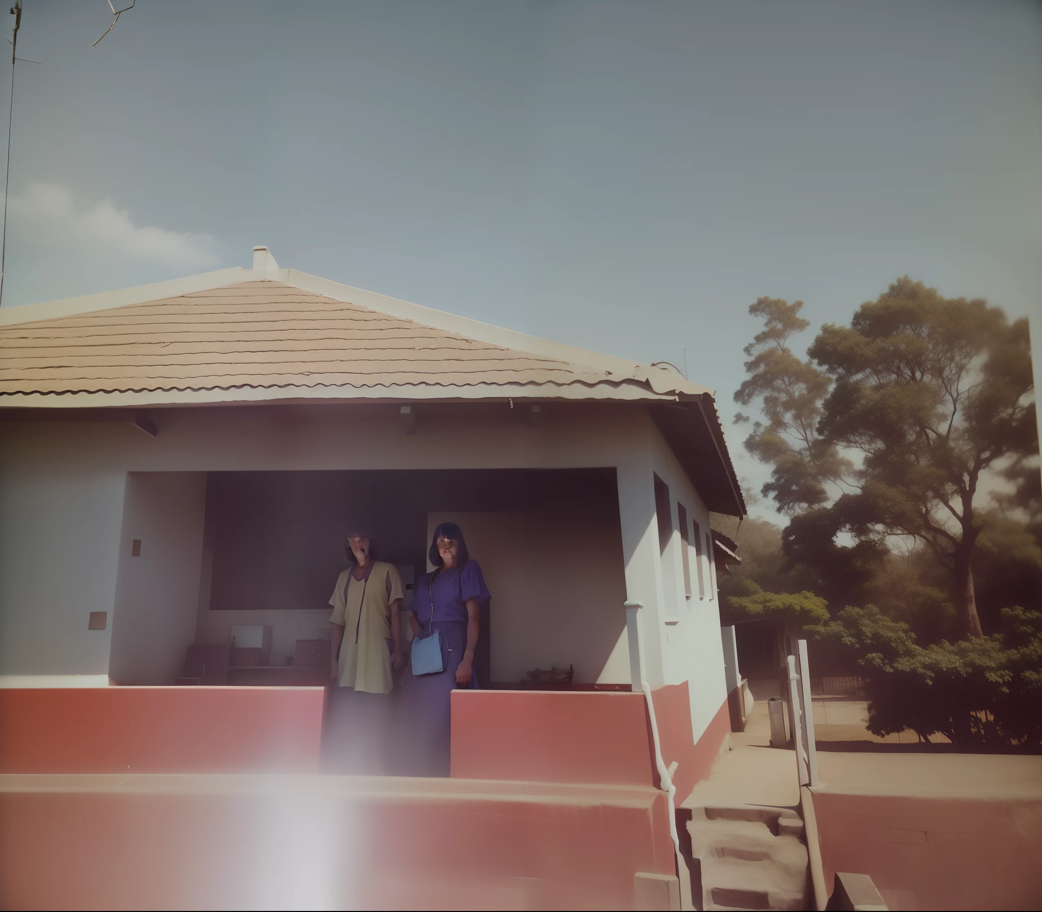 There is a man and a woman outside a house, historical image, Foto polaroid velha damagaed, foto antiga, fotografia de baixa qualidade, casa velha, imagem antiga, Casa colonial no fundo, taken in the late 1970s, taken in the early 1970s, Photographic photography, filmagens antigas