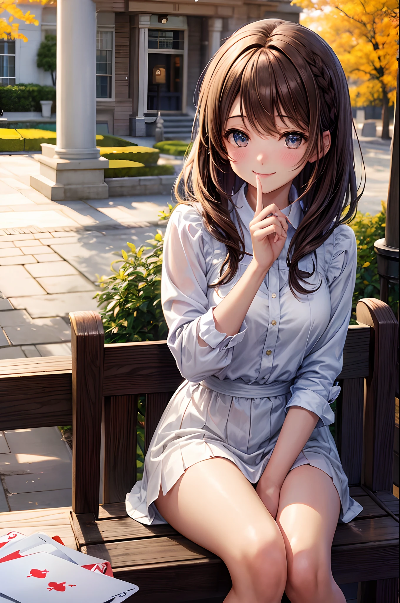 Best Quality、Shining crystal clear eyes、Light brown skin、Playing cards on the café terrace、Autumn clothes、Drawn up to the knee、、Bob Hair、Teenage woman、Very cute、Close your eyes and smile、A smile、Brown hair、Schools、I want to blush、Peek、Colored leaves、Wink、twinkling、Kamimei、Pull a playing card
