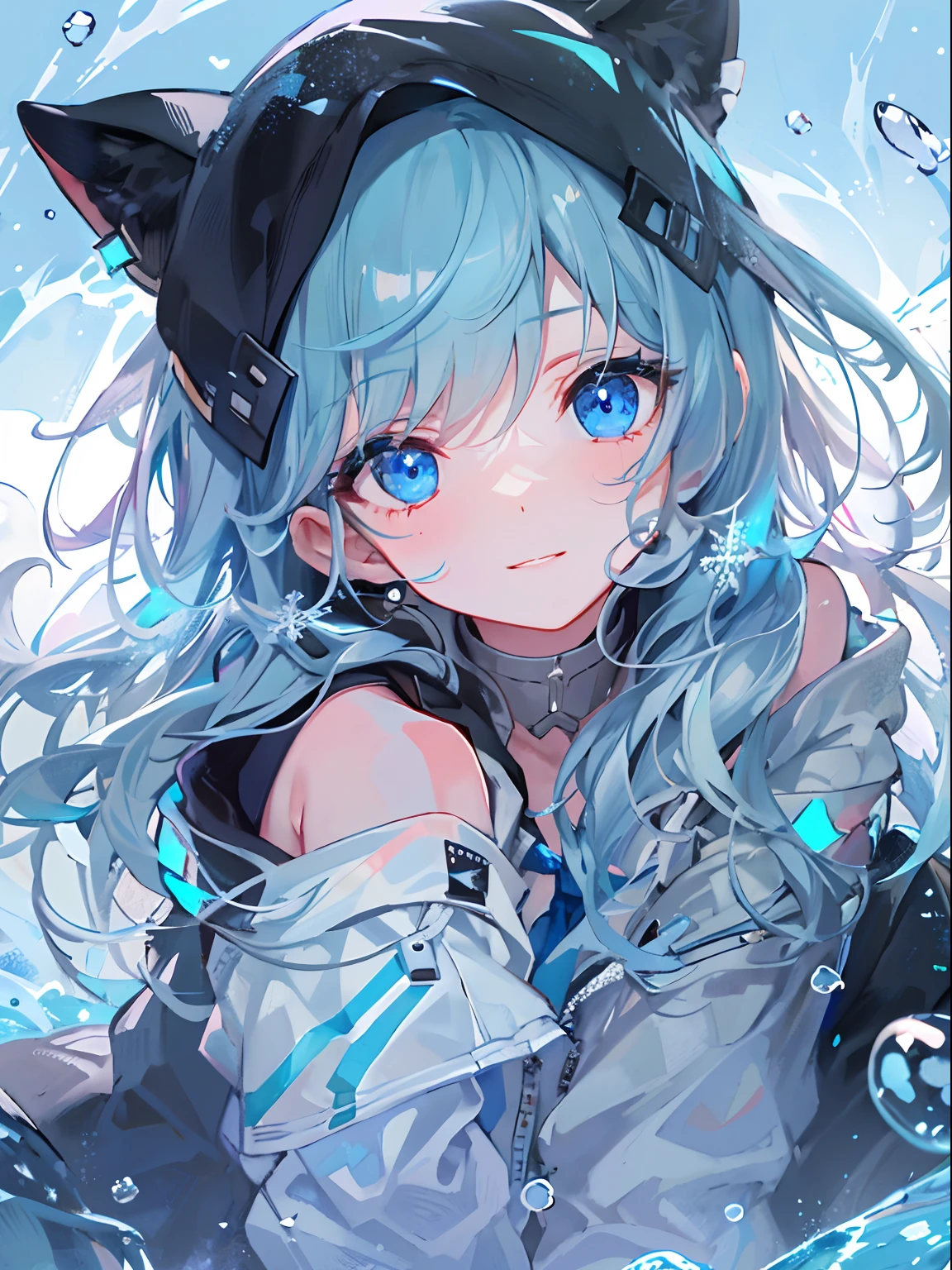 ((top-quality)), ((masterpiece)), ((ultra-detailliert)), (Extremely delicate and beautiful), girl with, 独奏, cold attitude,((Black jacket)),She is very(relax)with the(Settled down)Looks,A dark-haired, depth of fields,Evil smile,Bubble, under the water, Air bubble,bright light blue eyes,inner color with bright gray hair and light blue tips,,,,,,,Cold background,Bob Hair - Linear Art, shortpants、knee high socks、White uniform like school uniform、Light blue ribbon ties、Clothes are sheer、Hands in pockets、Bright eyes like sapphire,Fronllesse Blue, A small blue light was floating、Upper Eyes、glass shards、Snowflake eyes、fantastic eyes