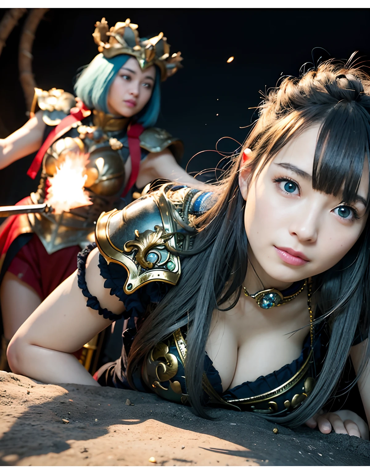 Professional , masterpiece、top-quality、photos realistic , 、top-quality、超A high resolution、(Photorealsitic:1.4)、Raw photo、depth of fields (Gemstone Gold Metal Body:1.9),(Matte White、Toostock、 of the breast、(ge of th)、(Detailed Dragor)、(Have the strongest weapon)、((Random Hairstyles 1.6),Dark Fantasy,)explosions、intense fighting、(Precipitous cliffs),Dragon Gold Weapon,Mystical expression、Particles of light、Fight dragons、(Detailed Dragon Helmet),Gorgeous Silver Weapons ,(( Dragon's dense and gorgeous sword)) , Beautiful knife ,warhammer 40k ,Detail and gorgeous crown、((Blue hair))、(Castle background)、、((Gangle's forest background))、Beautiful Caucasian beauty、1a person、dynamic ungle,((()))、Smaller head、A smile、Castle background、Thin and beautiful female hands、cleavage of the breast、Soldion armor on backystical expression、Light Effects、intense fighting、Wind-effect、magic circles、With the legendary magic wand、(demonic wings)、Toostock、