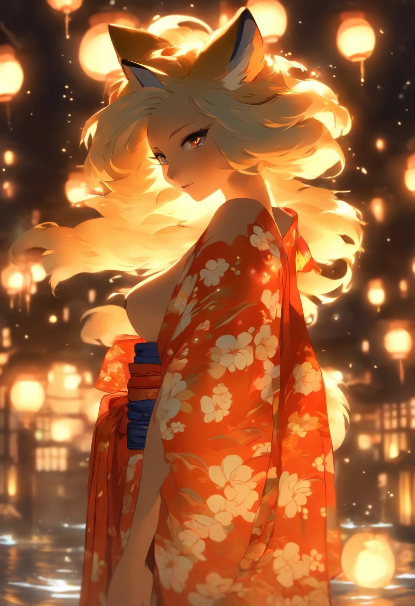 Kitsune, Beautiful Female, Big Breasts, Loose Kimono, Cleavage, Wet Clothes, Nighttime, White Moon, Detailed
