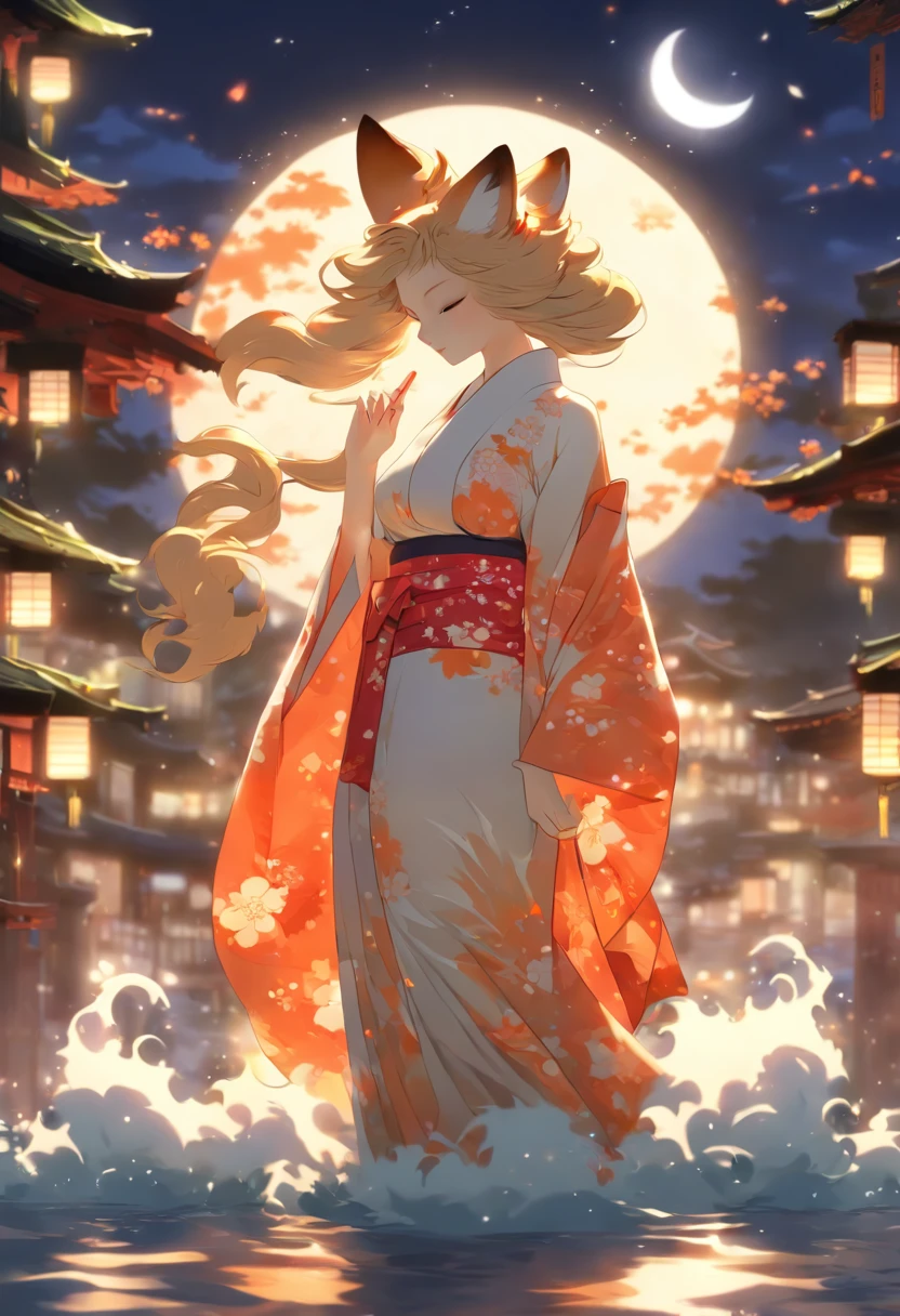Kitsune, Beautiful Female, Big Breasts, Loose Kimono, Cleavage, Wet Clothes, Nighttime, White Moon, Detailed