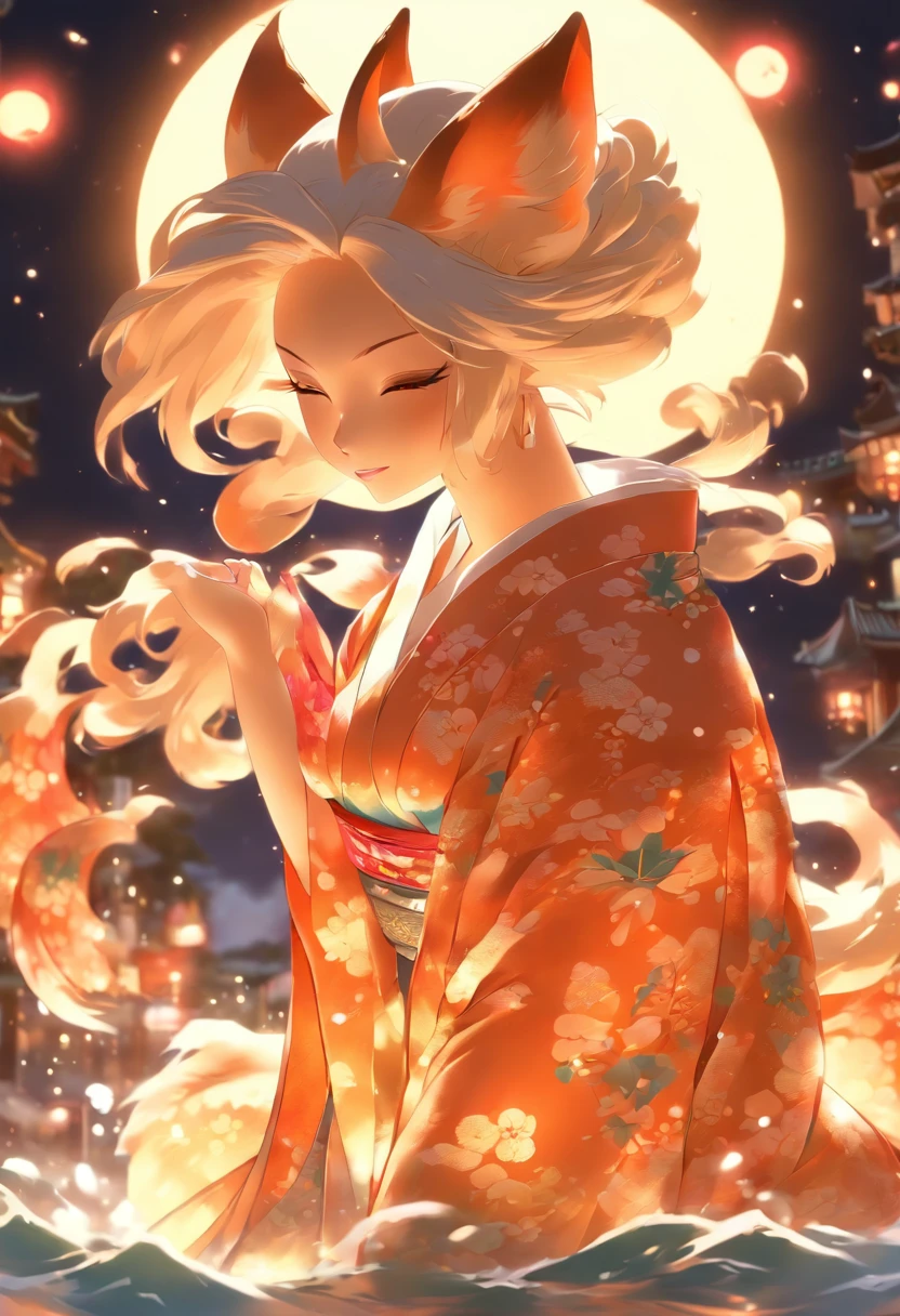 Kitsune, Beautiful Female, Big Breasts, Loose Kimono, Cleavage, Wet Clothes, Nighttime, White Moon, Detailed