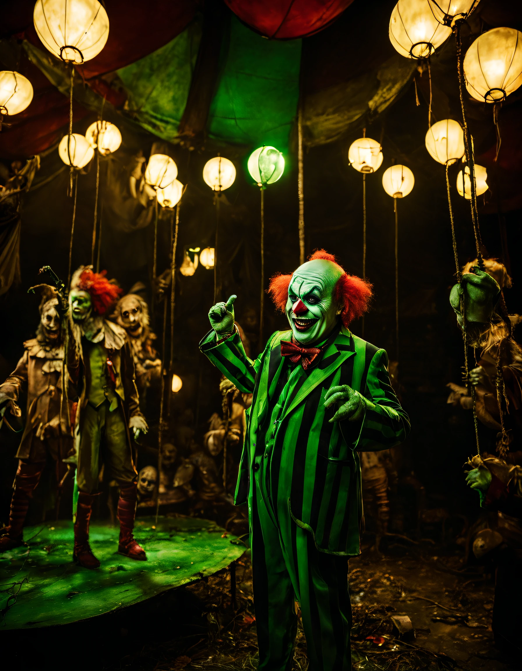 Filmisches Standbild, gefilmt von Guillermo del Toro, Inmitten eines tiefen, dunklen Waldes, Ein seltsamer Zirkus in einem dunklen Wald.A spooky green light shines from inside. ugly horror clowns looking at the camera with evil grins,Kerzen leuchten rund um den Zirkus.Das Zirkuszelt ist alt und dreckig und um das Zelt herum liegen menschliche Knochen.Kerzenlicht.Ein Vollmond scheint.Dunkle, neblige Nacht,Meisterwerk,fotorealistisch.sehr detailliert, inspiriert von Guillermo del toro und Tim Burton