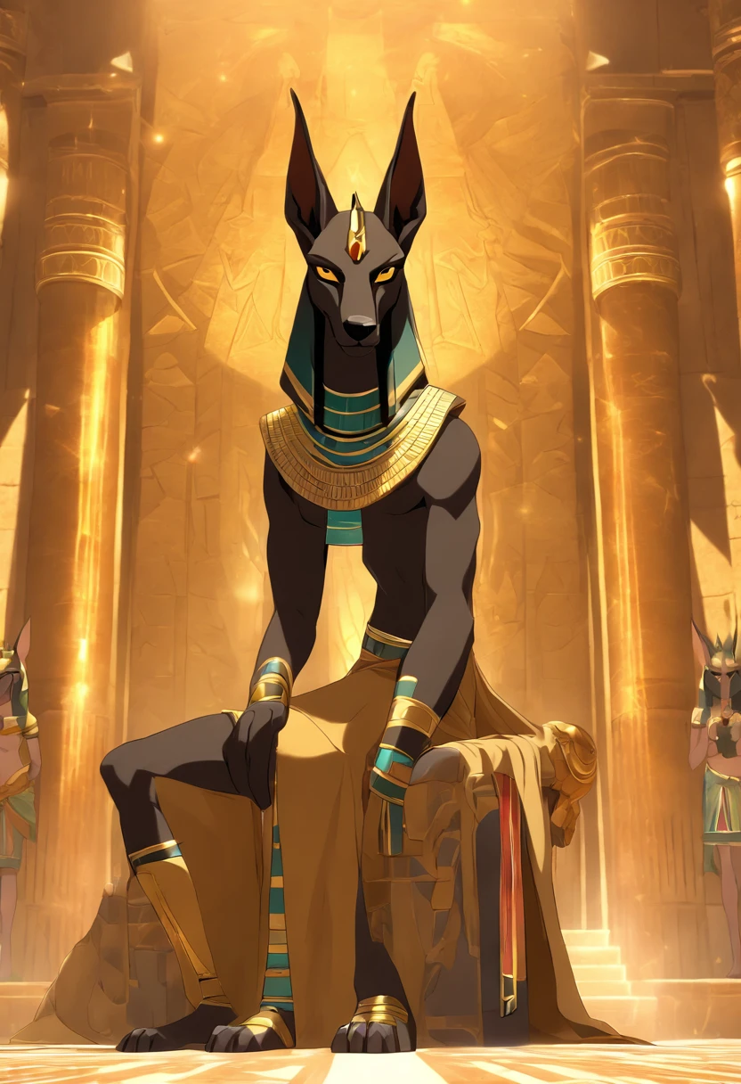 (((Anubis on the throne))) best quality, very high resolution, 4K detailed CG, masterpiece, Egyptian mythology, Anubis, sun in the background, Ancient Egypt, sitting pose, dog head, white clothes, Egyptian clothes, egyptian temple, desert, ancient egypt, ((dog's head, man's body)), egyptian palace, aesthetics, beautiful image, centered on screen, standing pose