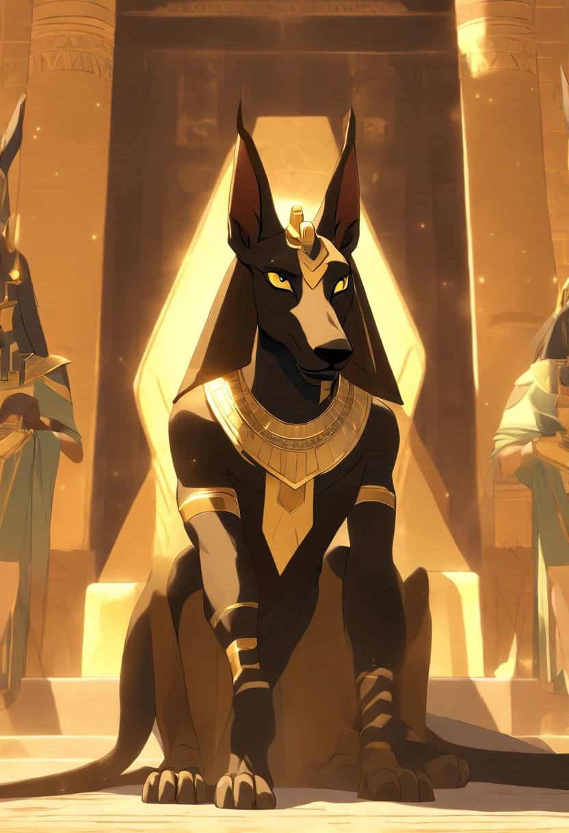 (((Anubis on the throne))) best quality, very high resolution, 4K detailed CG, masterpiece, Egyptian mythology, Anubis, sun in the background, Ancient Egypt, sitting pose, dog head, white clothes, Egyptian clothes, egyptian temple, desert, ancient egypt, ((dog's head, man's body)), egyptian palace, aesthetics, beautiful image, centered on screen, standing pose
