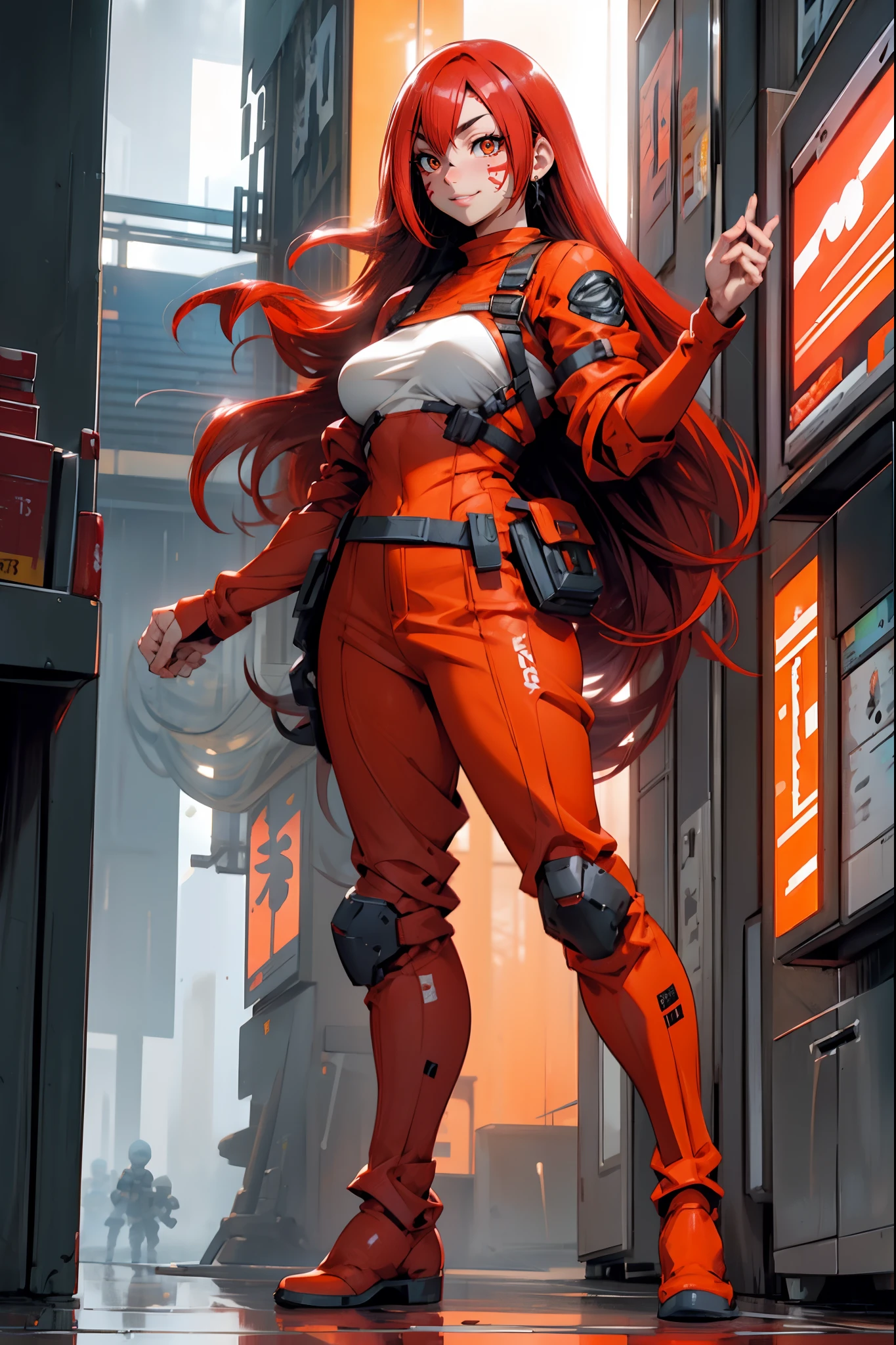 lava, red hair, orange eyes, prisoner cloths, medium breast, smile, facial mark, long hair, standing solo, full body, boots