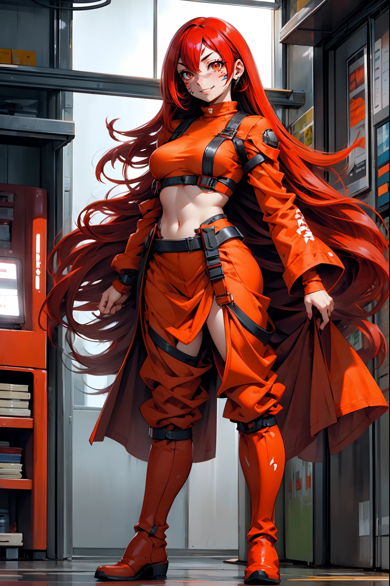 lava, red hair, orange eyes, prisoner cloths, medium breast, smile, facial mark, long hair, standing solo, full body, boots