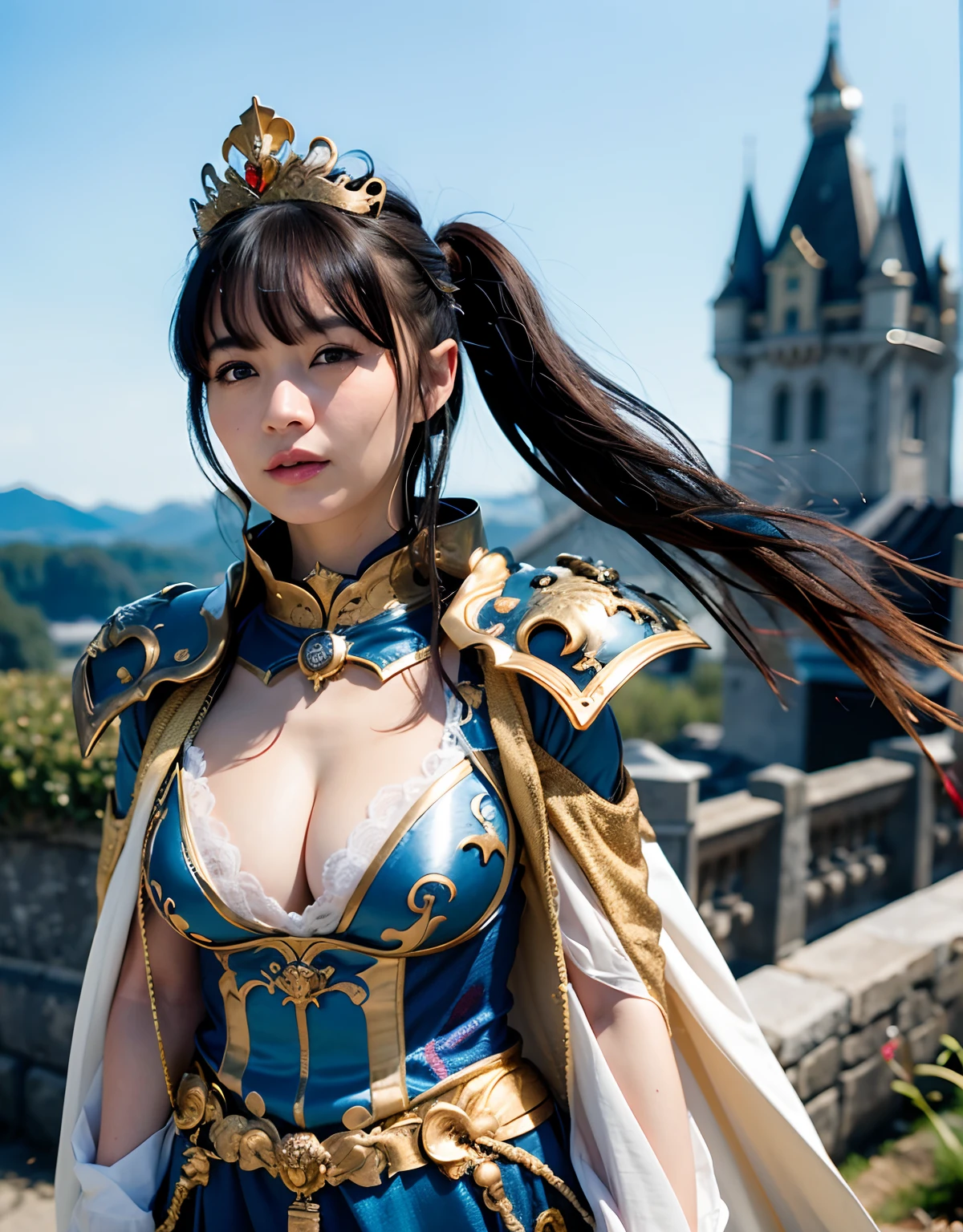 Professional , masterpiece、top-quality、photos realistic , 、top-quality、超A high resolution、(Photorealsitic:1.4)、Raw photo、depth of fields (Gemstone Gold Metal Body:1.9),(Matte White、Toostock、cleavage of the breast、(cleavage of the breast)、(Detailed Dragon Armor)、(Have the strongest weapon)、((Random Hairstyles 1.6),Dark Fantasy,)explosions、intense fighting、(Precipitous cliffs),Dragon Gold Weapon,Mystical expression、Particles of light、Fight dragons、(Detailed Dragon Helmet),Gorgeous Silver Weapons ,(( Dragon's dense and gorgeous sword)) , Beautiful knife ,warhammer 40k ,Detail and gorgeous crown、((Blue hair))、(Castle background)、、((Gangle's forest background))、Beautiful Caucasian beauty、1a person、dynamic ungle,((()))、Smaller head、A smile、Castle background、Thin and beautiful female hands、cleavage of the breast、Soldier in iron armor on background、Mystical expression、Light Effects、intense fighting、Wind-effect、magic circles、With the legendary magic wand、(demonic wings)、Toostock、