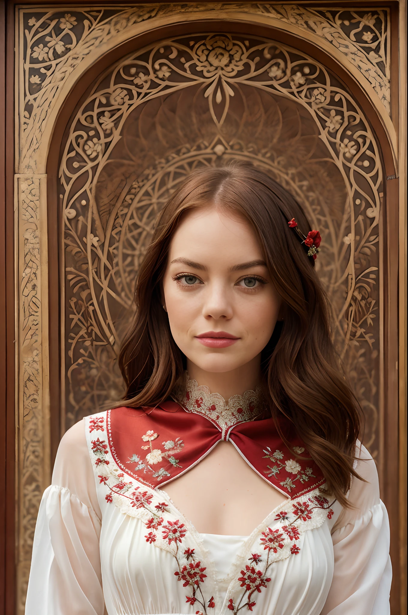 Emma Stone, photographed on a Nikon Z7 II Mirrorless Camera,120mm F/4 wide-angle, 1girl, solo, long hair, looking at viewer, black hair, long sleeves, braid
a woman wearing a white dress and a black braid with a blue and red pattern on it's neck, Emma Stone, art nouveau fashion embroidered, a character portrait, aestheticism
a woman wearing a black top and red scarf with a red and white design on it's neck, art nouveau fashion embroidered, a silk screen, cloisonnism
best quality, masterpiece, ultra detailed, cowboy shot, flowing, 3dmm, ink sketch, color ink, ink rendering, octane render, pastels, rice paper, 1girl, beautiful detailed eyes, (alternate hairstyle), ultra detailed hair, graceful, (charming), (delicate), pretty, cute, lace dress, character in the center of the frame, rhythm, fantasy, looking at viewer,