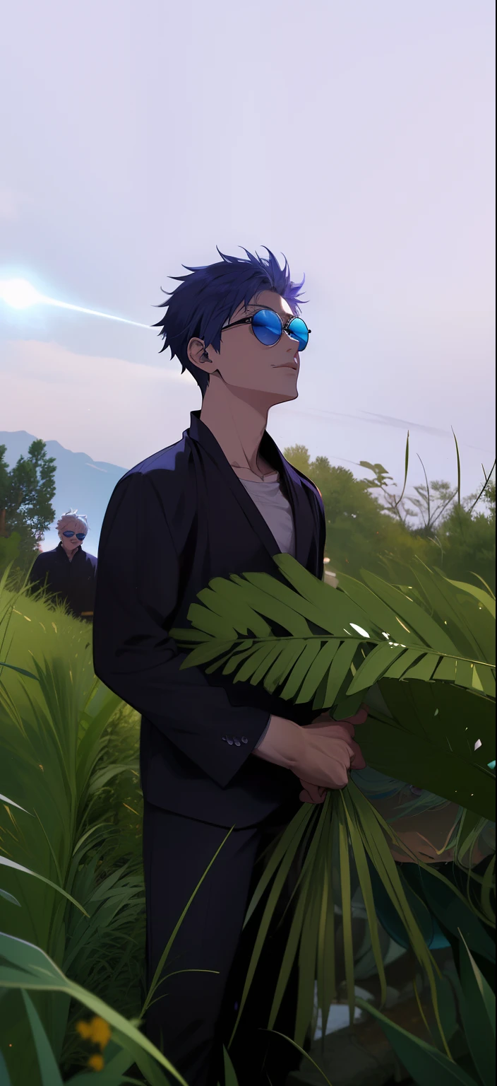 ((High detail、Cinematic lighting))、Messy white hair、aquamarine Eyes、White eyelashes、god light、Ray tracing、shadowing、Optical illusion、The upper part of the body、Looking at the camera、Masterpiece、((Super detail、Best quality、8K))、jujutsu kaisen、Gojo Gojo、Black attire、The surgery begins、Perfect black background、serene look、formidable presence、Enigmatic Atmosphere、(Strange moonshine、Ominous Shadows、 Intense Blue Aura、 Rich red halo、Symbolizes the power around him、Radiating Magical Energy、Mystical Artifacts、Ether-like granules、dynamicposes、epic soundtrack、(((The detailed hand)))、sunglass