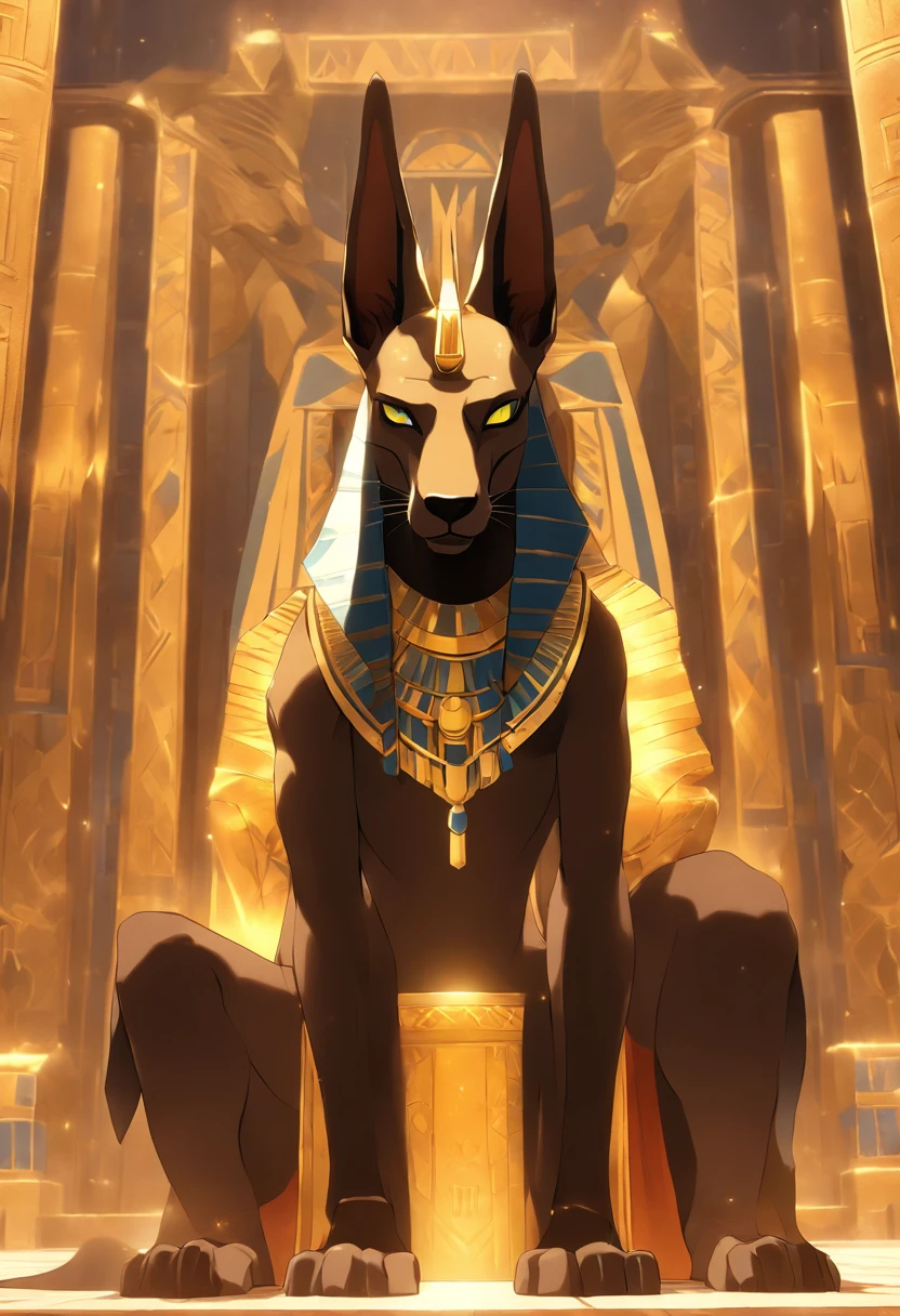 (((Anubis on the throne))) best quality, very high resolution, 4K detailed CG, masterpiece, Egyptian mythology, Anubis, sun in the background, Ancient Egypt, sitting pose, dog head, white clothes, Egyptian clothes, egyptian temple, desert, ancient egypt, ((dog's head, man's body)), egyptian palace, aesthetics, beautiful image, centered on screen, standing pose