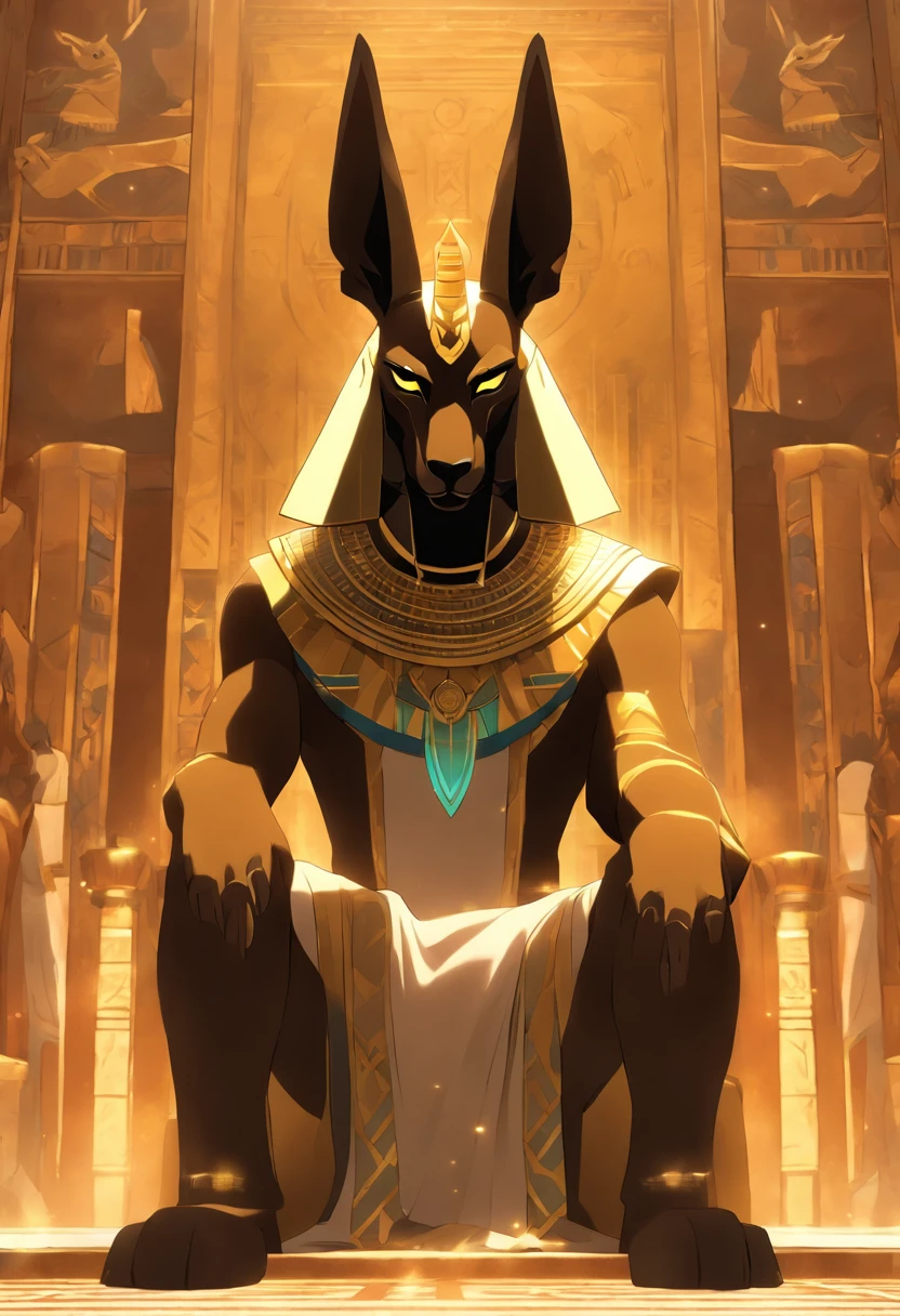 (((Man's body and dog's head))) best quality, very high resolution, 4K detailed CG, masterpiece, Egyptian mythology, Anubis, sun in the background, Ancient Egypt, standing pose, dog's head, clothes white, Egyptian clothes, Egyptian temple, desert, Ancient Egypt, ((dog's head, man's body)), Egyptian palace, aesthetics, beautiful image, centered on screen, standing pose