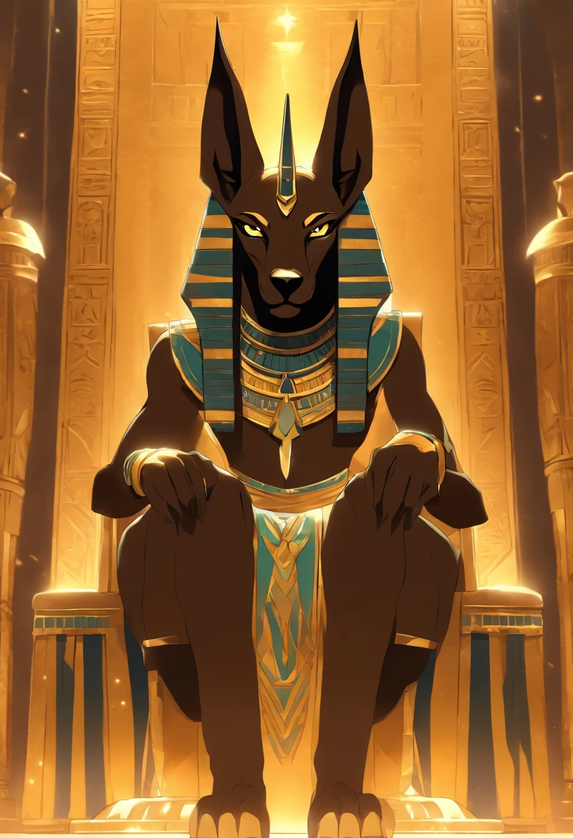 (((Anubis on the throne))) best quality, very high resolution, 4K detailed CG, masterpiece, Egyptian mythology, Anubis, sun in the background, Ancient Egypt, sitting pose, dog head, white clothes, Egyptian clothes, egyptian temple, desert, ancient egypt, ((dog's head, man's body)), egyptian palace, aesthetics, beautiful image, centered on screen, standing pose