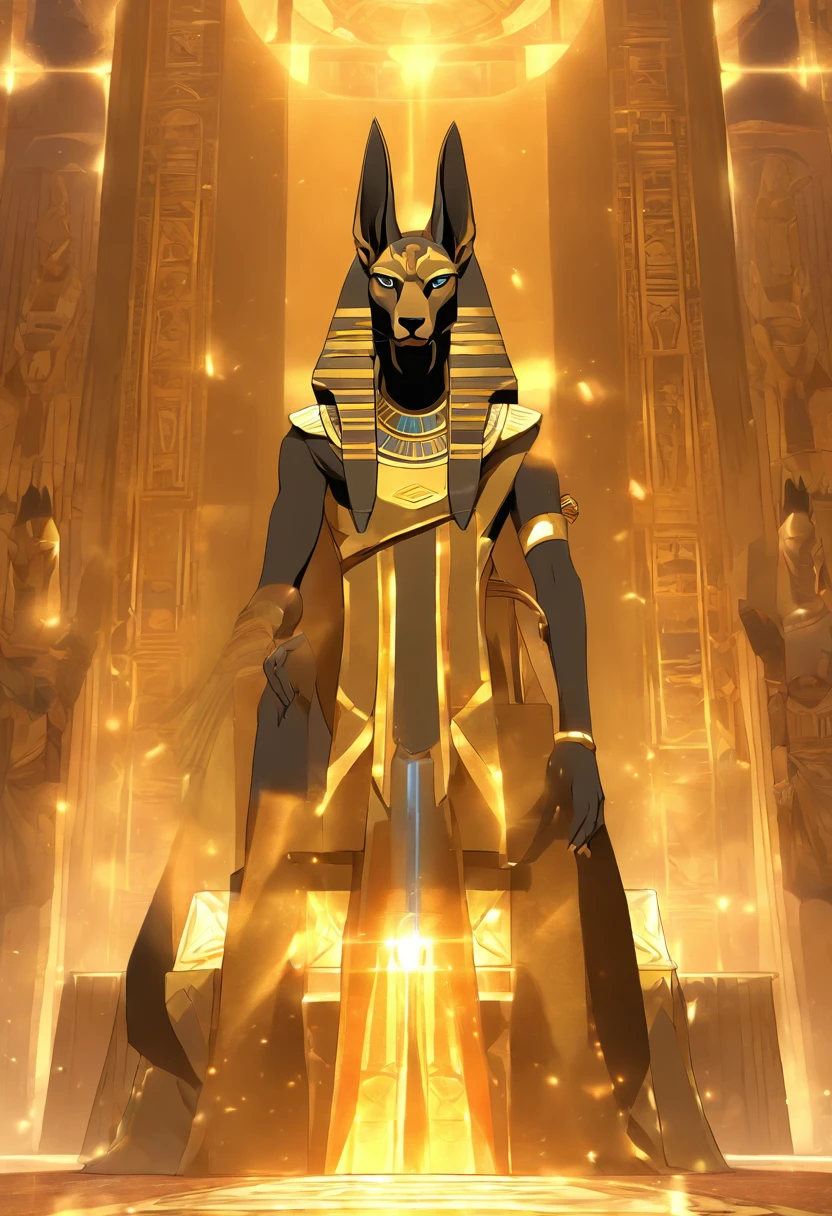(((Anubis on the throne))) best quality, very high resolution, 4K detailed CG, masterpiece, Egyptian mythology, Anubis, sun in the background, Ancient Egypt, sitting pose, dog head, white clothes, Egyptian clothes, egyptian temple, desert, ancient egypt, ((dog's head, man's body)), egyptian palace, aesthetics, beautiful image, centered on screen, standing pose
