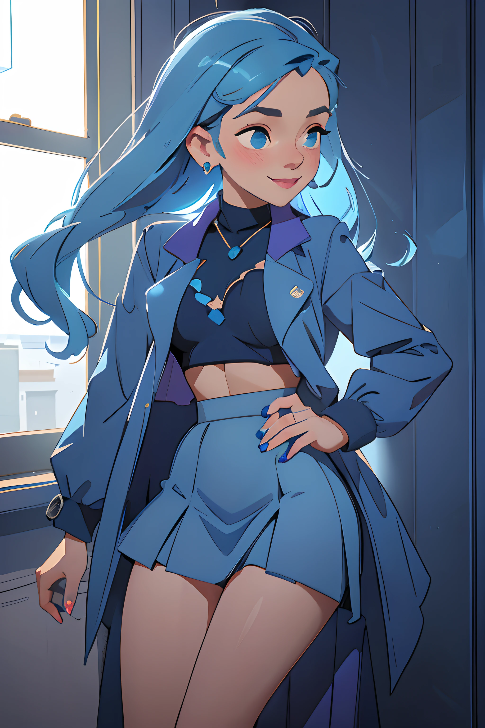 masterpiece,best quality,1girl, leaning forward  blue hair shadow dramatic lighting Georgeana Ireland matrix blue skirt blue crop top blue nails lifted skirt blue earrings revealing  underboob, no coat, slight smile, blush, nsfw, erect nipples, cleavage, teeth