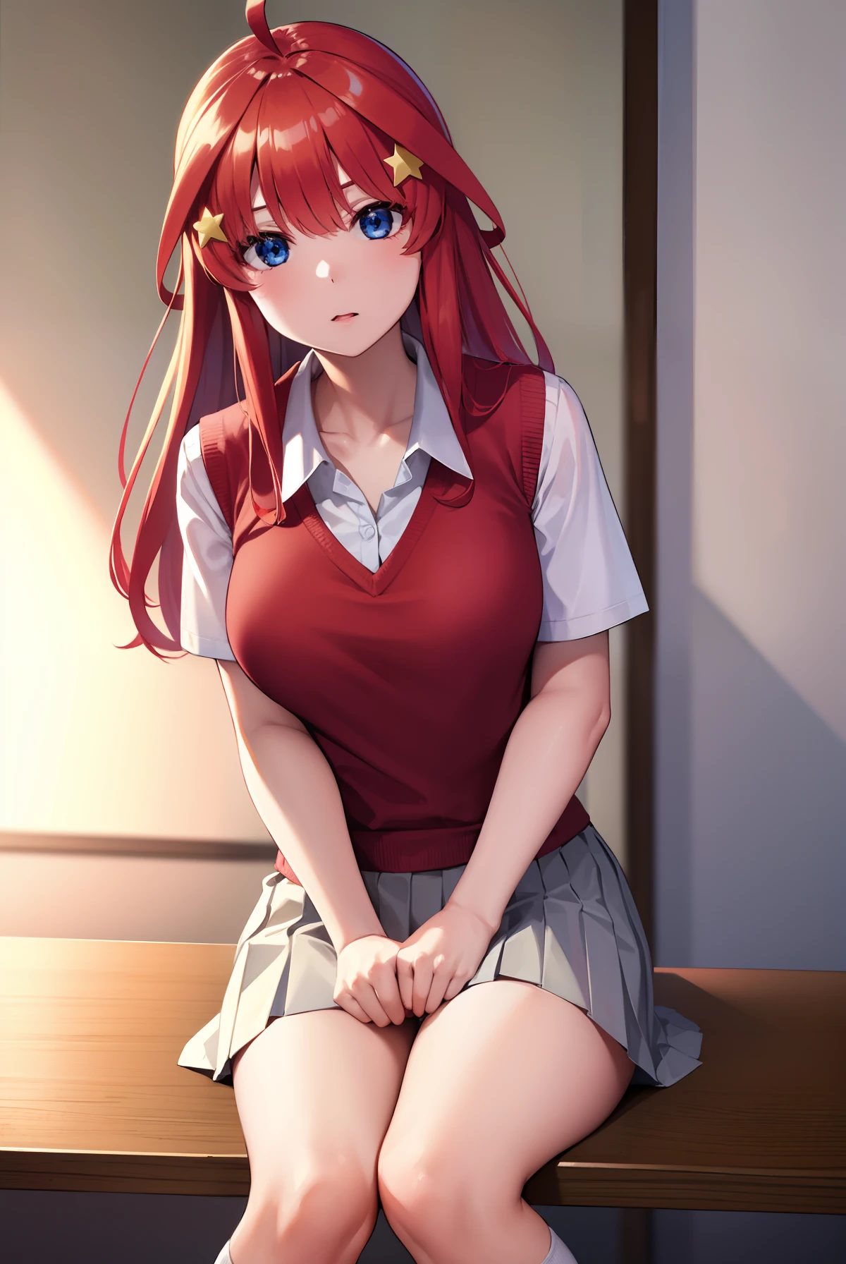 itsukinakano, itsuki nakano, bangs, blue eyes, hair between eyes, ahoge, red hair, star \(symbol\), hair ornament, star hair ornament, BREAK skirt, shirt, school uniform, collarbone, white shirt, short sleeves, pleated skirt, socks, collared shirt, miniskirt, kneehighs, white socks, green skirt, sweater vest, red sweater vest,
BREAK indoors, school, classroom,
BREAK (masterpiece:1.2), best quality, high resolution, unity 8k wallpaper, (illustration:0.8), (beautiful detailed eyes:1.6), extremely detailed face, perfect lighting, extremely detailed CG, (perfect hands, perfect anatomy),