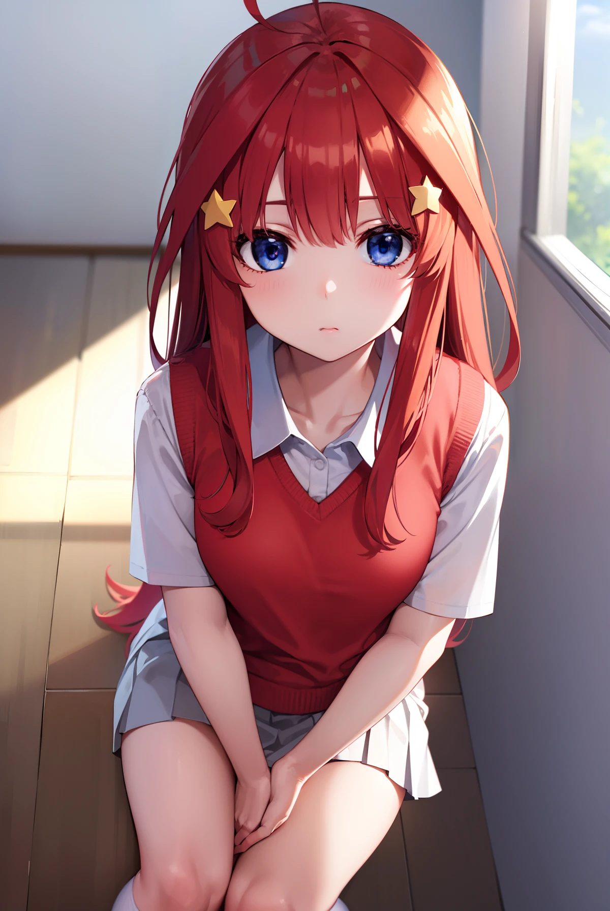 itsukinakano, itsuki nakano, bangs, blue eyes, hair between eyes, ahoge, red hair, star \(symbol\), hair ornament, star hair ornament, BREAK skirt, shirt, school uniform, collarbone, white shirt, short sleeves, pleated skirt, socks, collared shirt, miniskirt, kneehighs, white socks, green skirt, sweater vest, red sweater vest,
BREAK indoors, school, classroom,
BREAK (masterpiece:1.2), best quality, high resolution, unity 8k wallpaper, (illustration:0.8), (beautiful detailed eyes:1.6), extremely detailed face, perfect lighting, extremely detailed CG, (perfect hands, perfect anatomy),