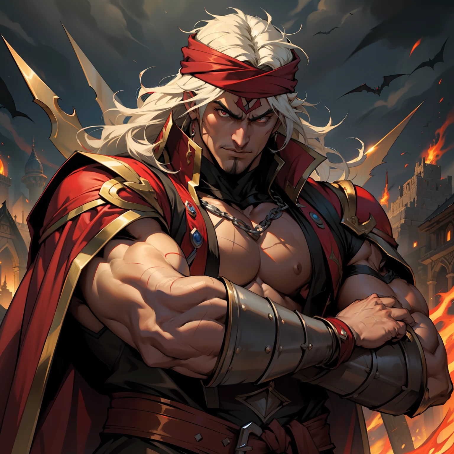 Castlevania Hyper Realistic Shadow Lord Super Detailed Dynamic Shooting Lord Dracula's Centerpiece Medieval Arab Warrior with Red Turban Scary Face Hokuto No Ken Structure Muscular Face Kenshiro Portrait Zoom Super Detailed Face